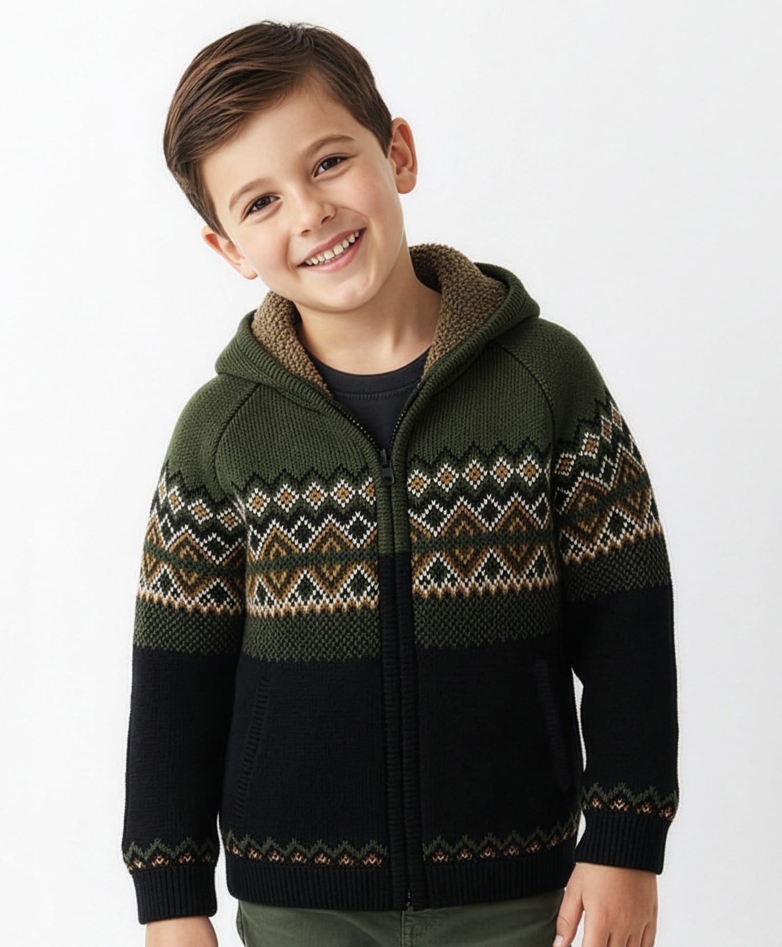 Yellow Apple Knitted Full Sleeves Front Open Hooded Sweater With Aztec Design - Olive Green-image-37