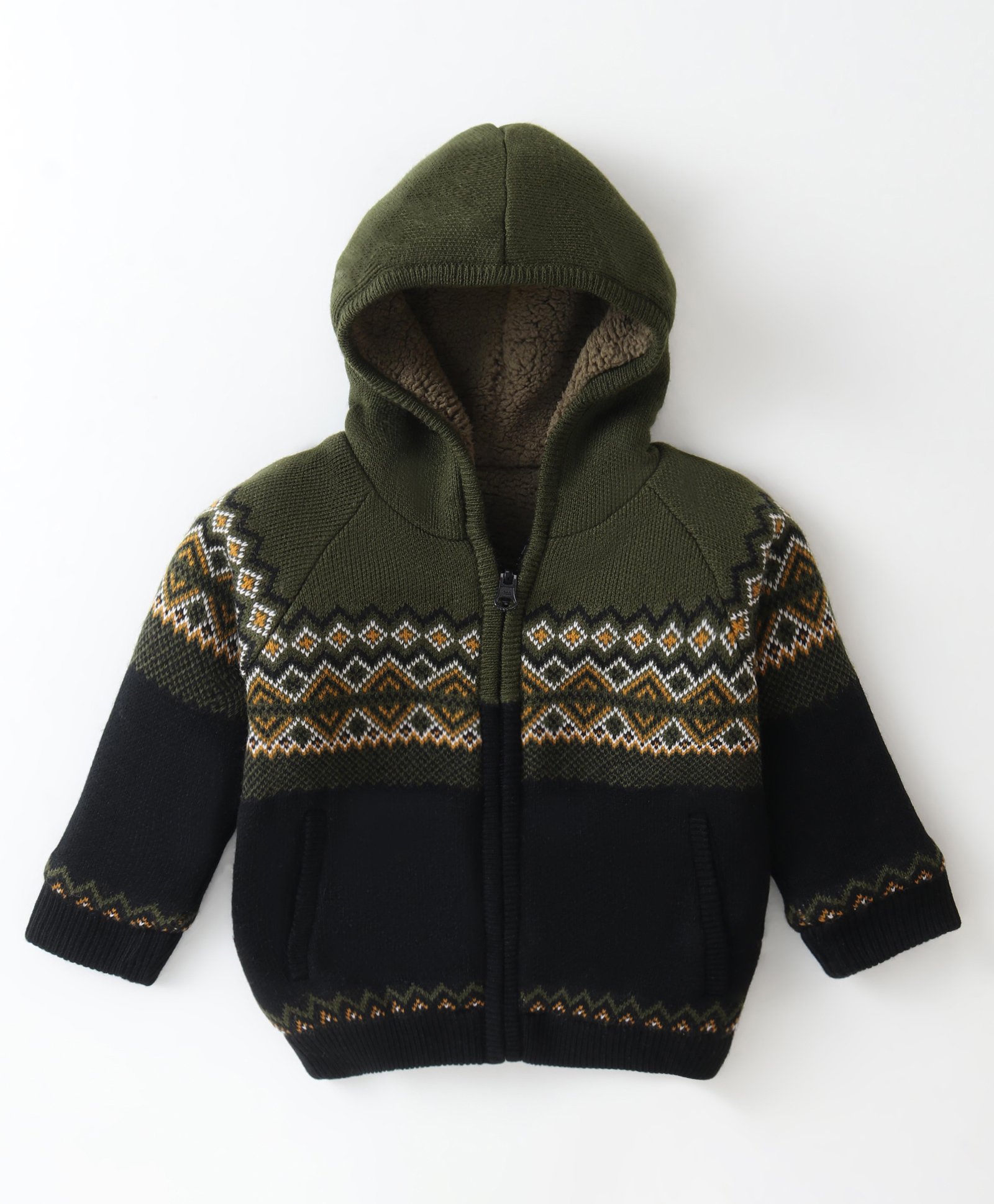 Yellow Apple Knitted Full Sleeves Front Open Hooded Sweater With Aztec Design - Olive Green-picture-22
