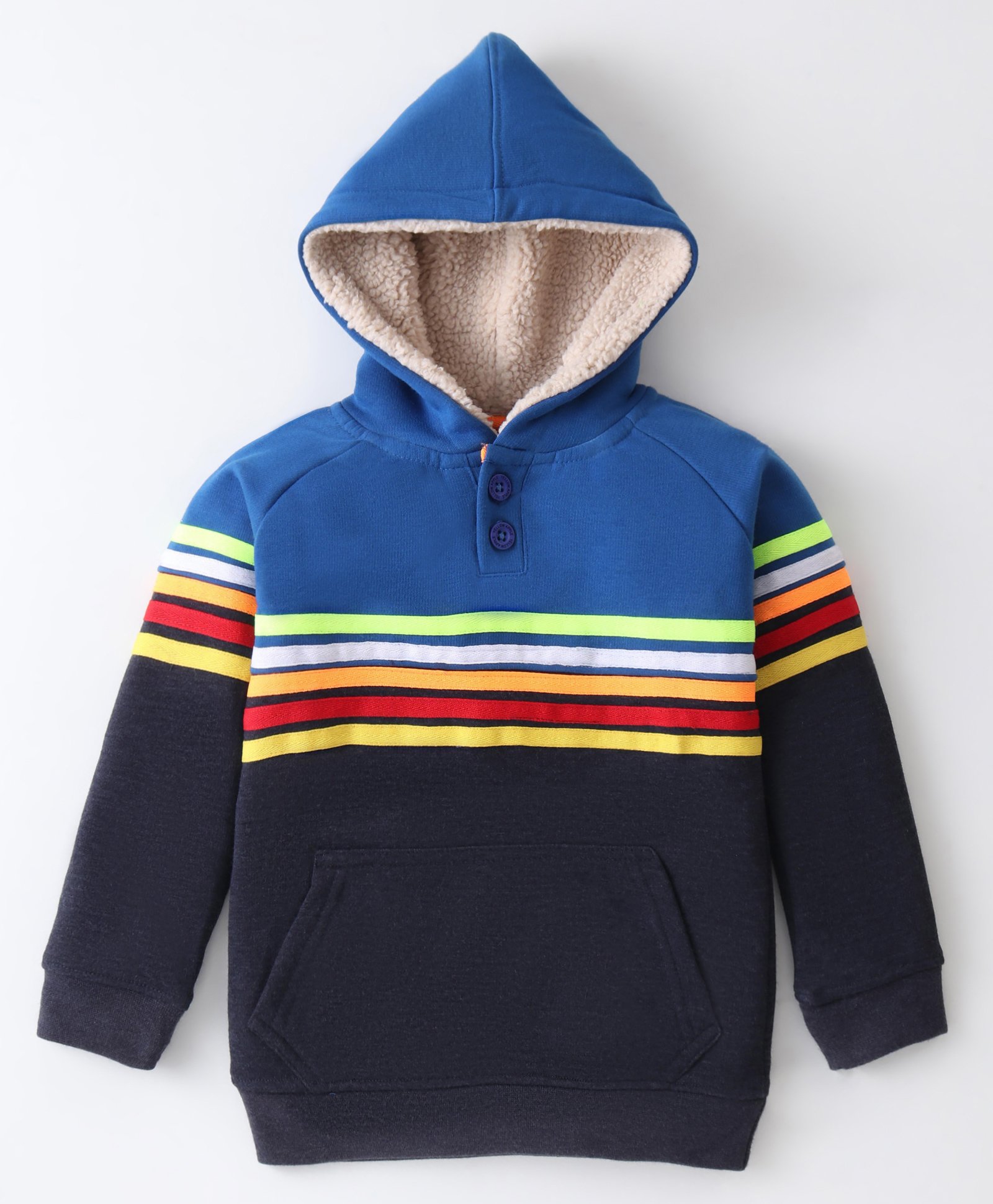 Yellow Apple Knitted Full Sleeves Hooded Pullover Sweater With Stripes Design & Kangaroo Pockets - Blue-image-24