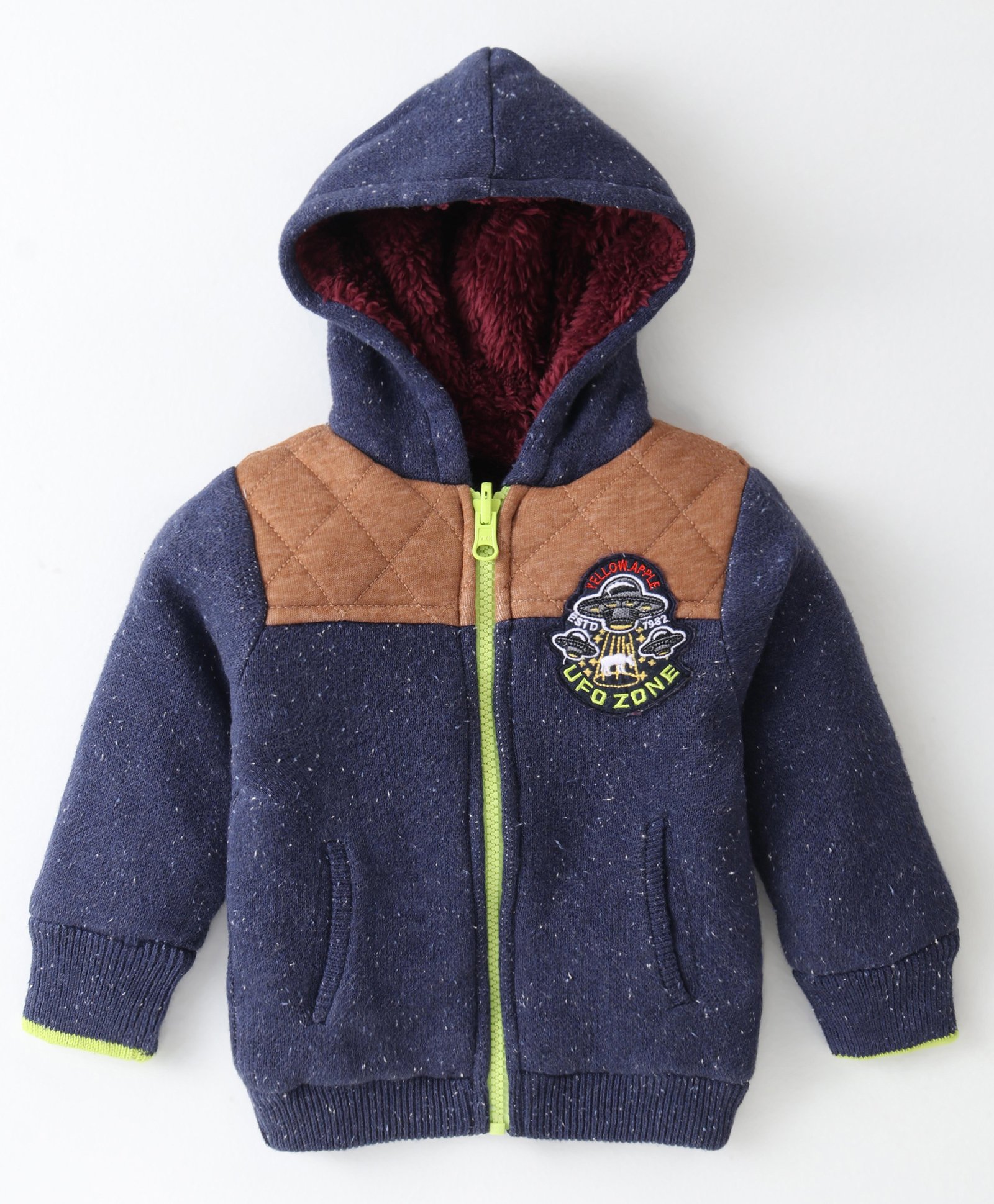 Yellow Apple Cotton Knit Full Sleeves Front Open Hooded Sweater With Cut & Sew & Patch Detailing - Navy Blue-image-36