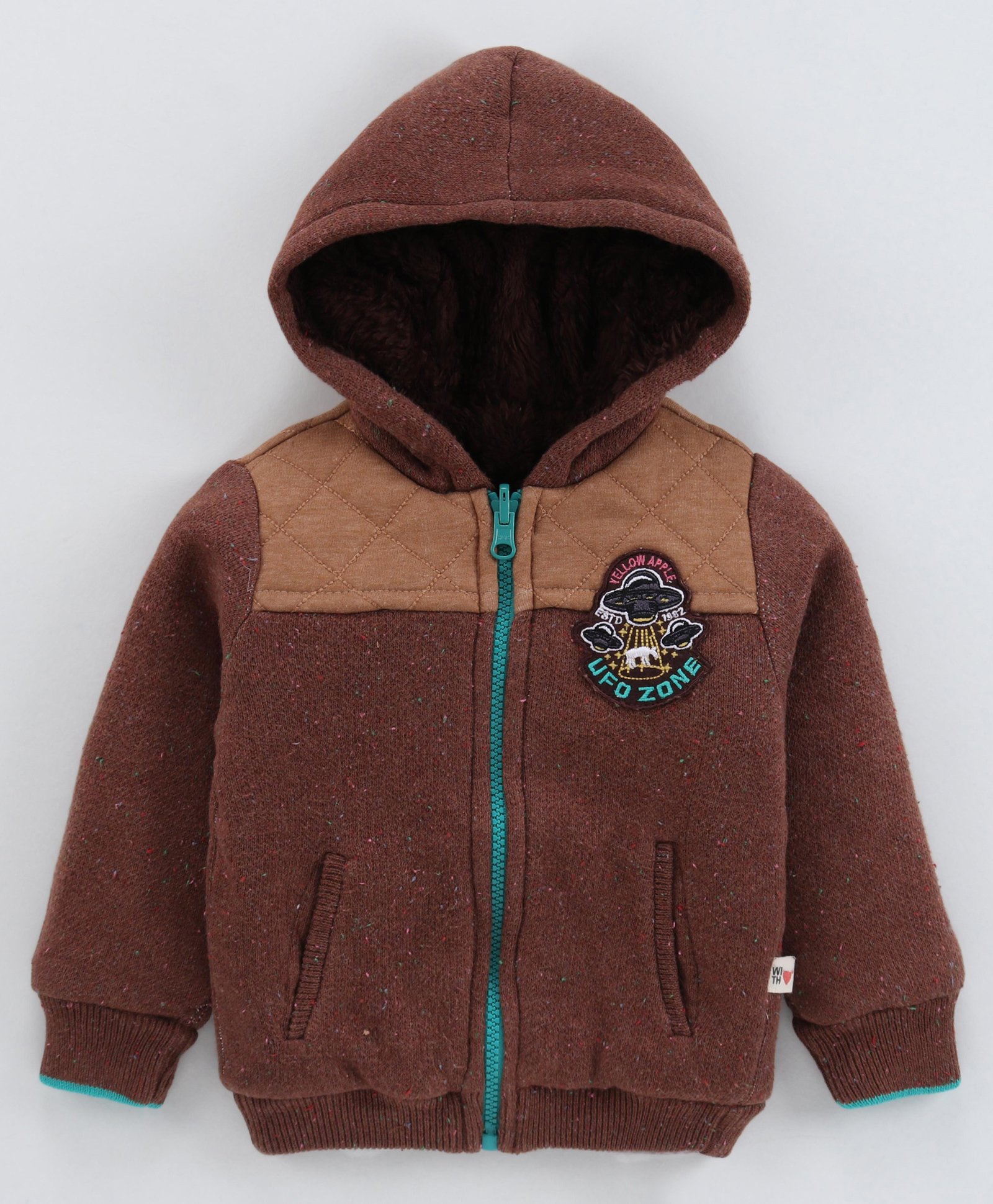 Yellow Apple Cotton Knit Full Sleeves Front Open Hooded Sweater With Cut & Sew & Patch Detailing - Brown-picture-32