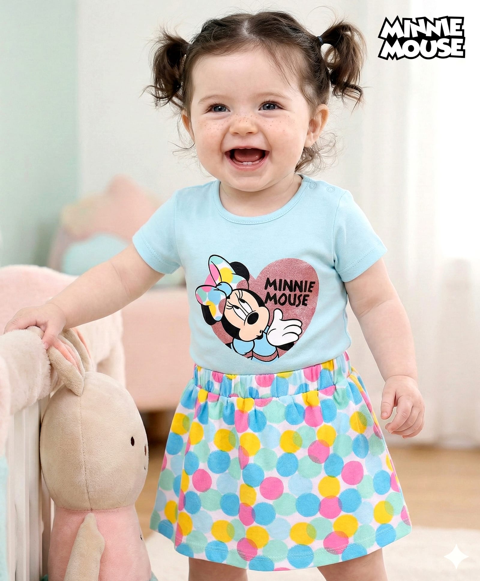 Babyhug Disney Interlock Knit Half Sleeve Minnie Mouse Graphic Onesies with Polka Dot Print Skirt - Blue-image-30