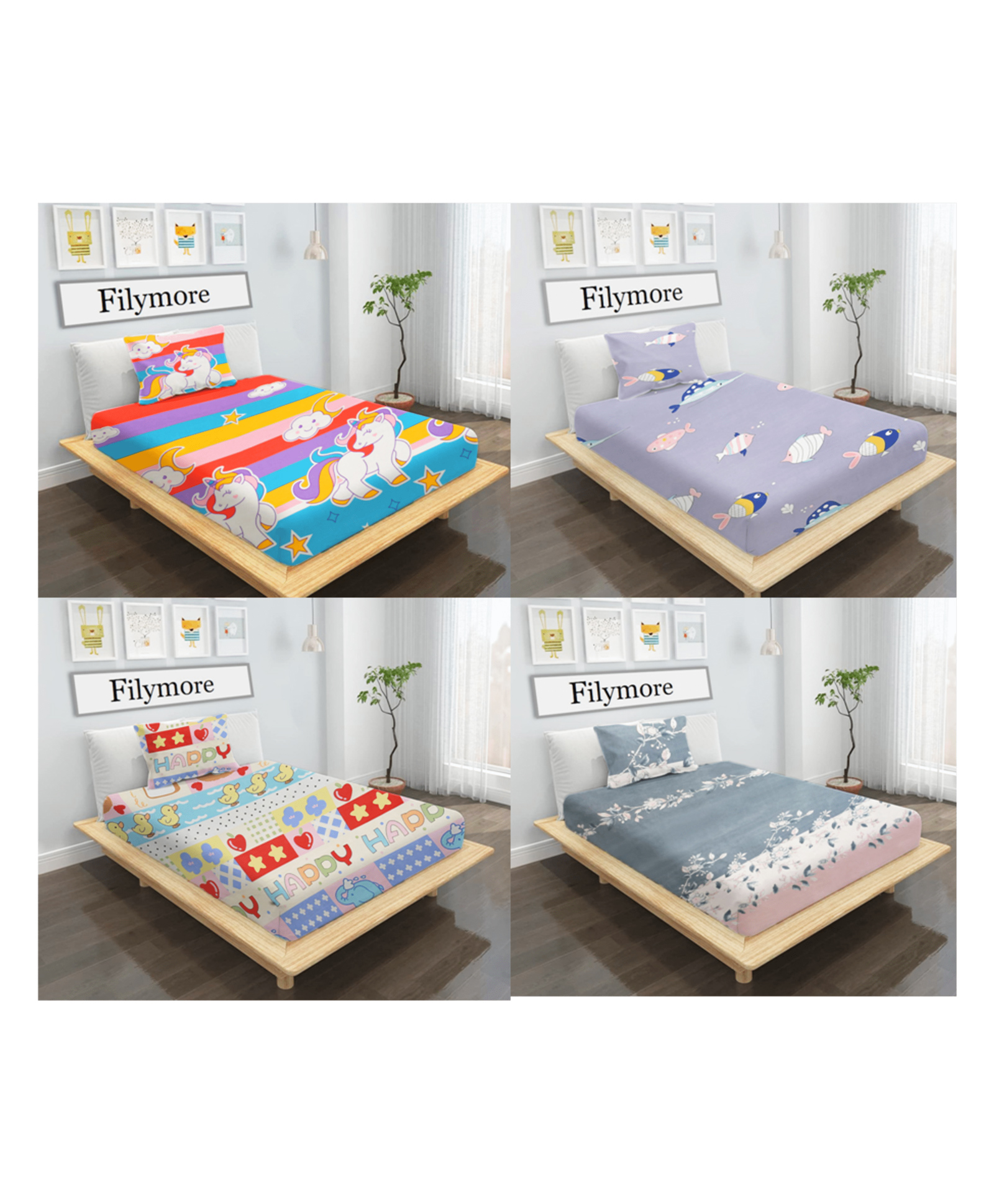 Filymore Floral and Cartoon Printed bedcover Set of 4 Single Bedsheet with Pillow Covers - made with Pure Microfiber (Multi,Wine,Purple,) (Size 90x60 inches)-picture-17