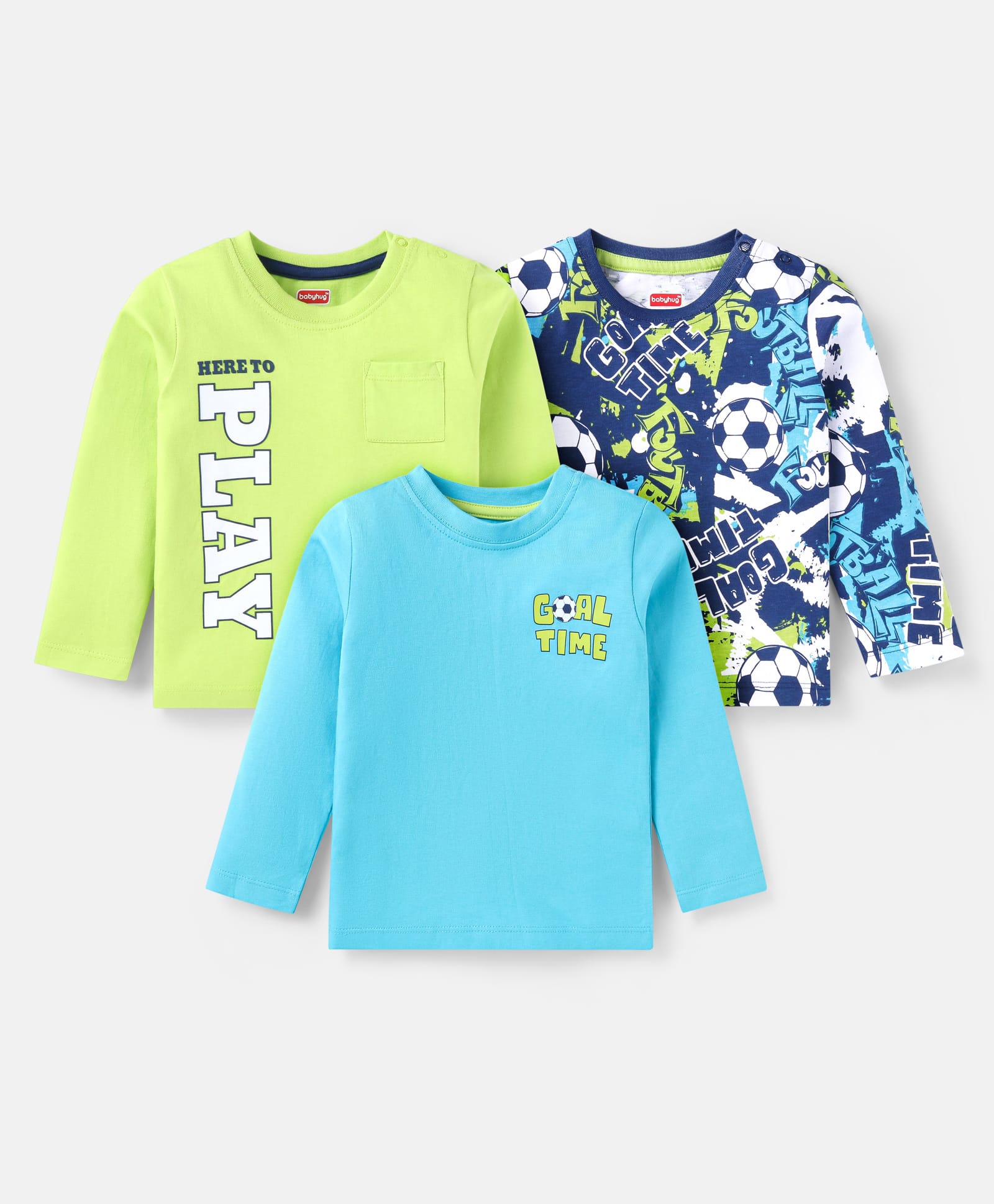 Babyhug Cotton Knit Full Sleeves T-Shirts with Text Print & Football Graphics Pack of 3 - Blue & Light Green-picture-27