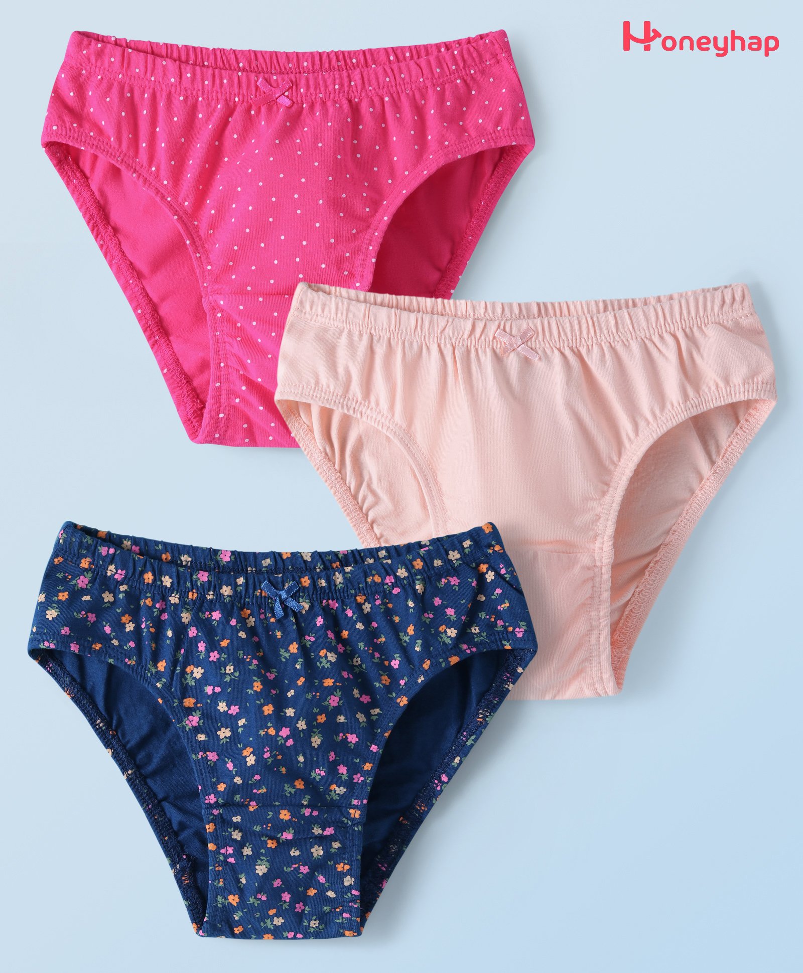 Honeyhap Premium Cotton Elastane Knit with Bio Finish Panties Floral & Polka Dot Print Pack of 3 -Navy Peony Sachet Pink & Fandango Pink-picture-24