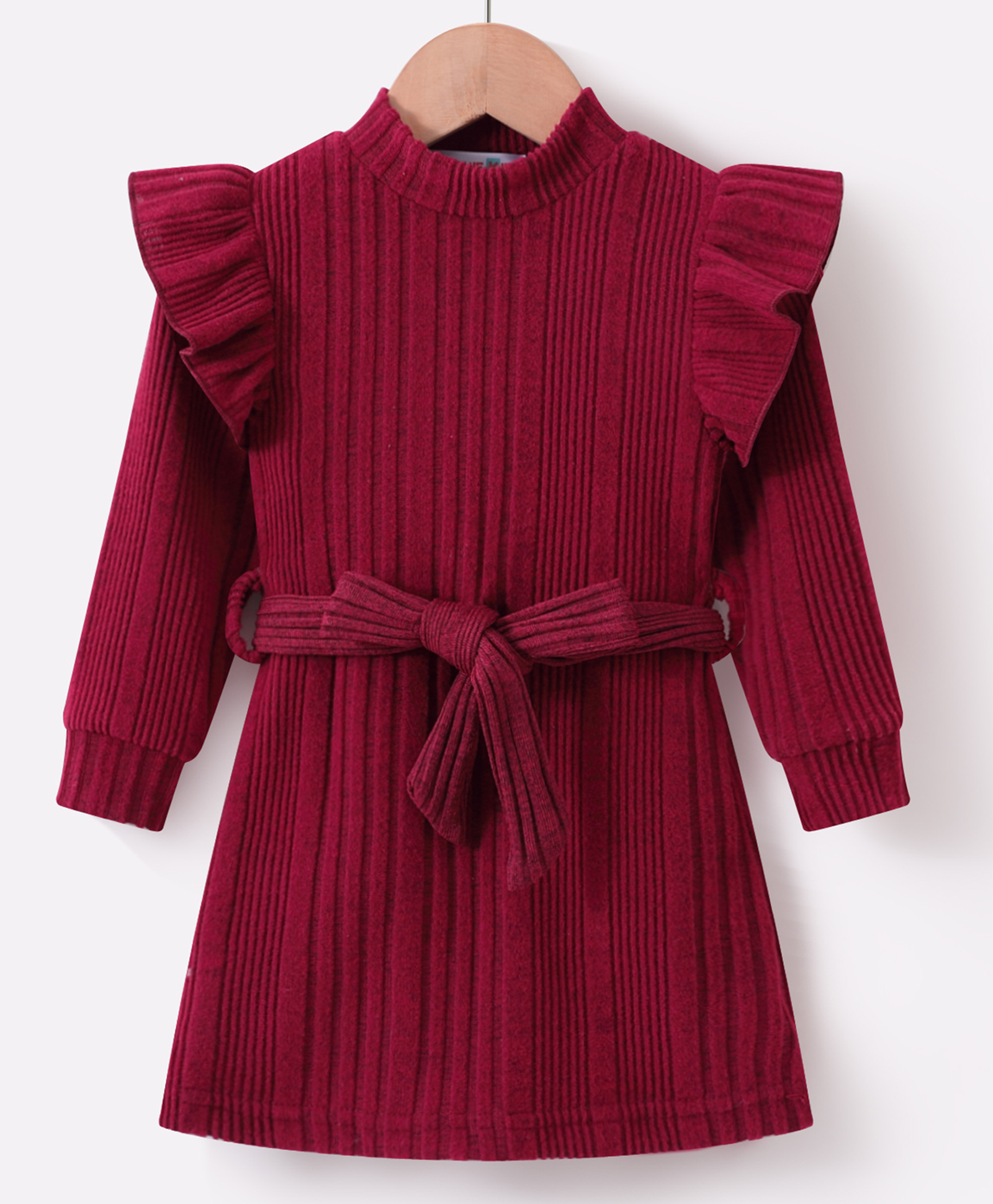 Kookie Kids Full Sleeves Solid Colour Winter Frock With Frill Detail - Maroon-picture-18