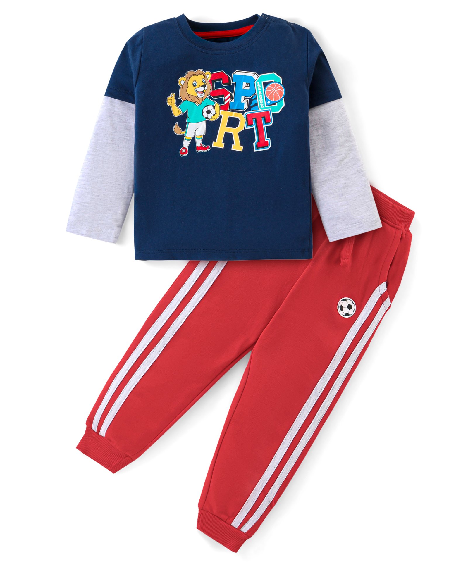babyhug Banyhug Cotton Knit Doctor Sleeves T-Shirt & Track Pants Set With Sporty Theme Print - Navy & Red-picture-22