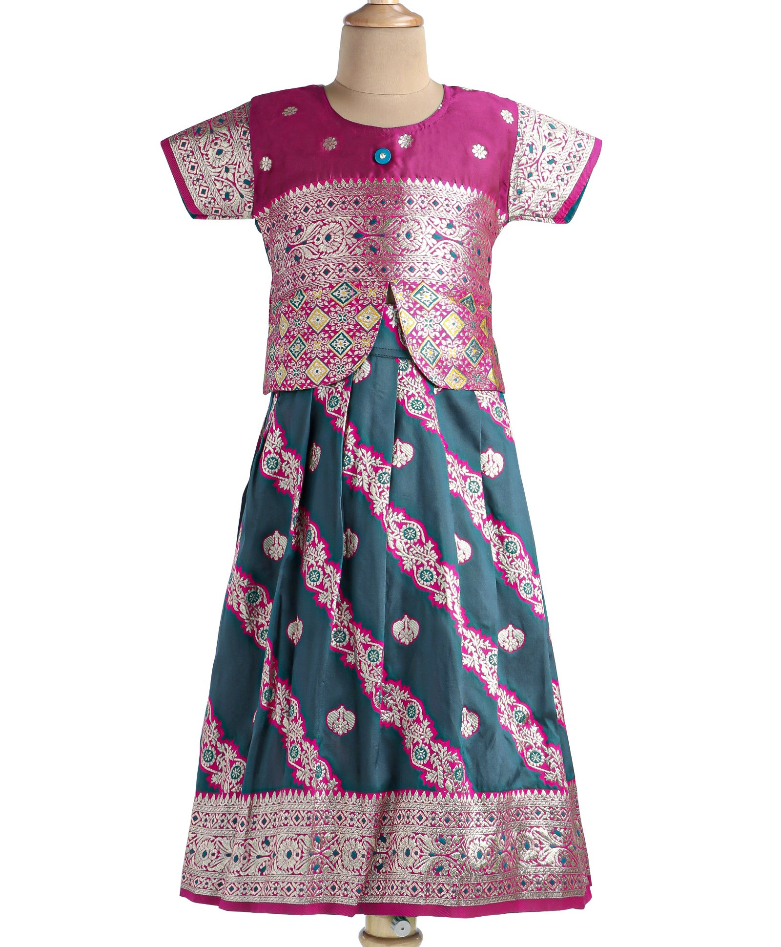 Bhartiya Paridhan Silk Woven Half Sleeves Floral Embroidered Choli Lehenga Set with Lace Detailing - Pink & Green-image-47