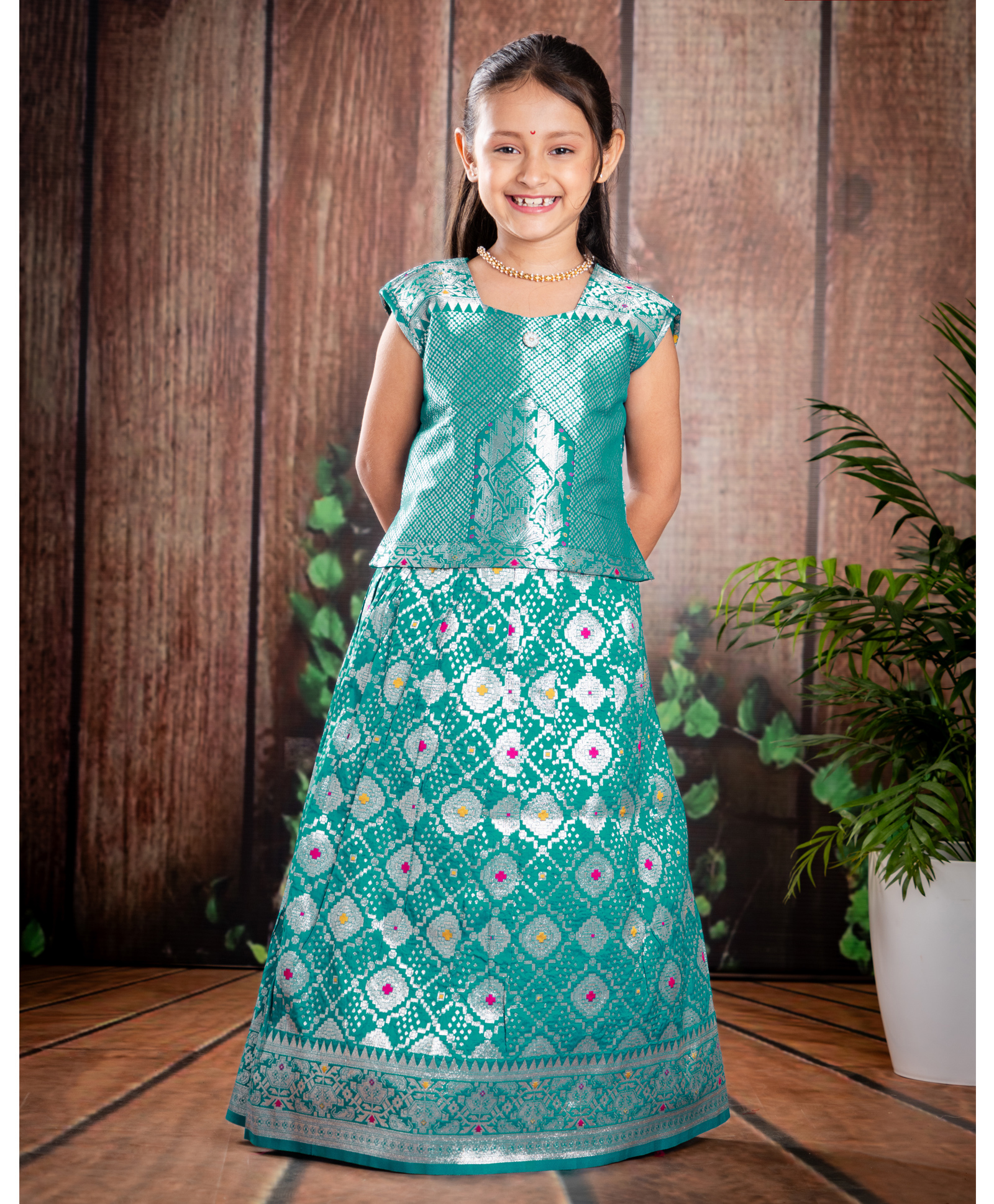 Bhartiya Paridhan Silk Woven Sleeveless Foil Printed Choli Lehenga Set - Turquoise-image-22