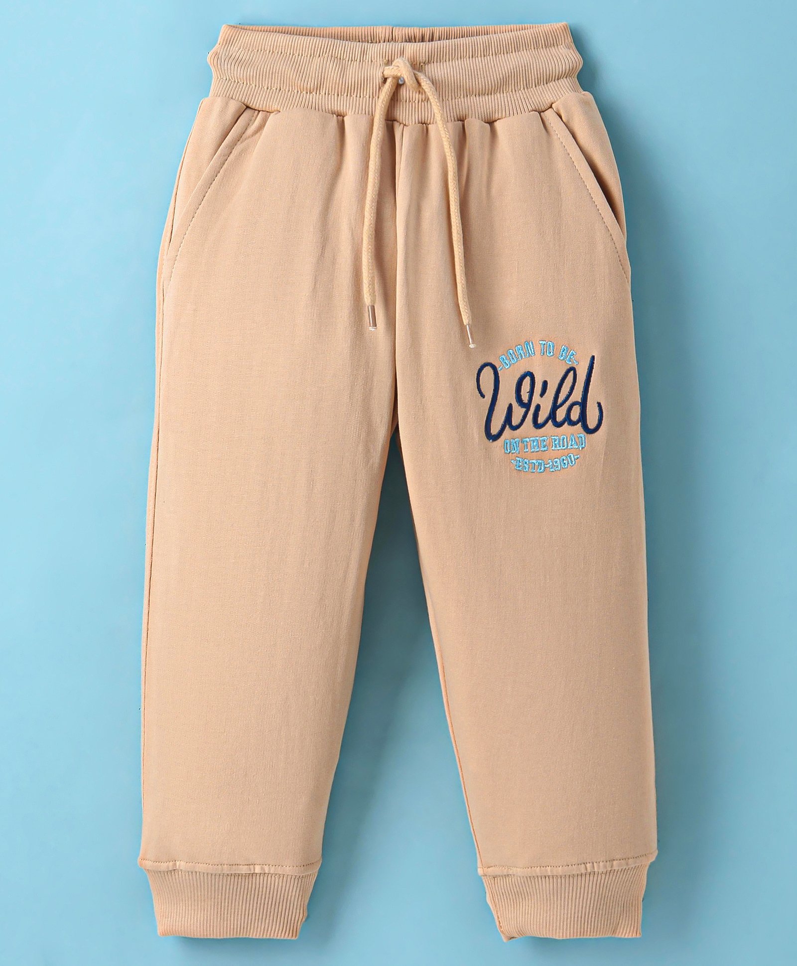 Taeko Looper Knit Full Length Lounge Pants With Text Embroidery - Beige-image-25