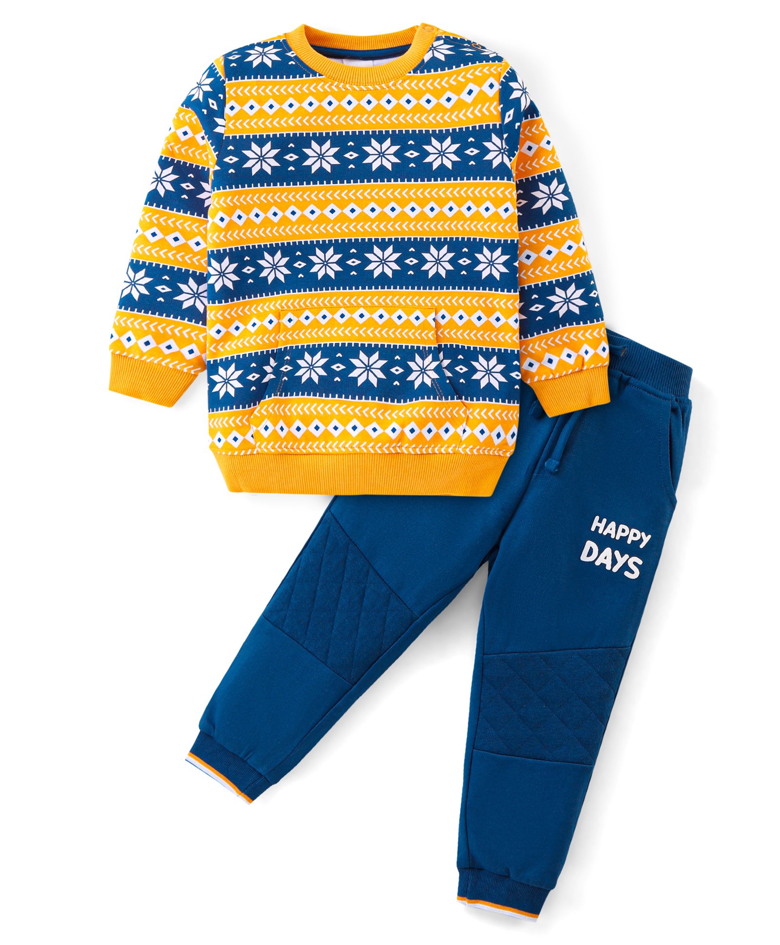 Babyhug Cotton Knit Full Sleeves T-Shirt & Lounge Pants Set With Ikat Print - Yellow & Blue-image-39