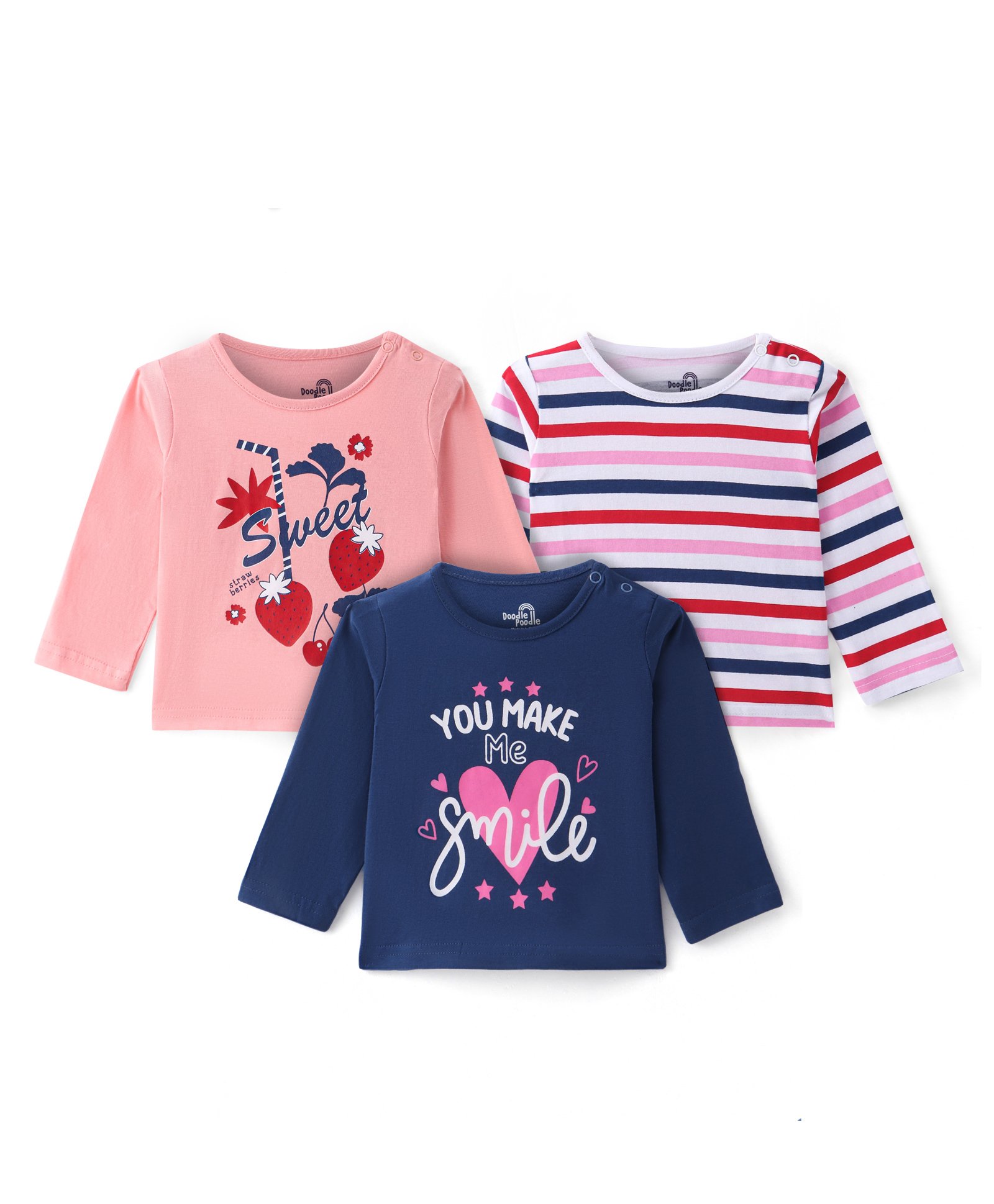 Doodle Poodle 100% Cotton Knit Full Sleeves Striped & Text Printed T-Shirts Pack of 3 - Pink & Navy Blue-image-15