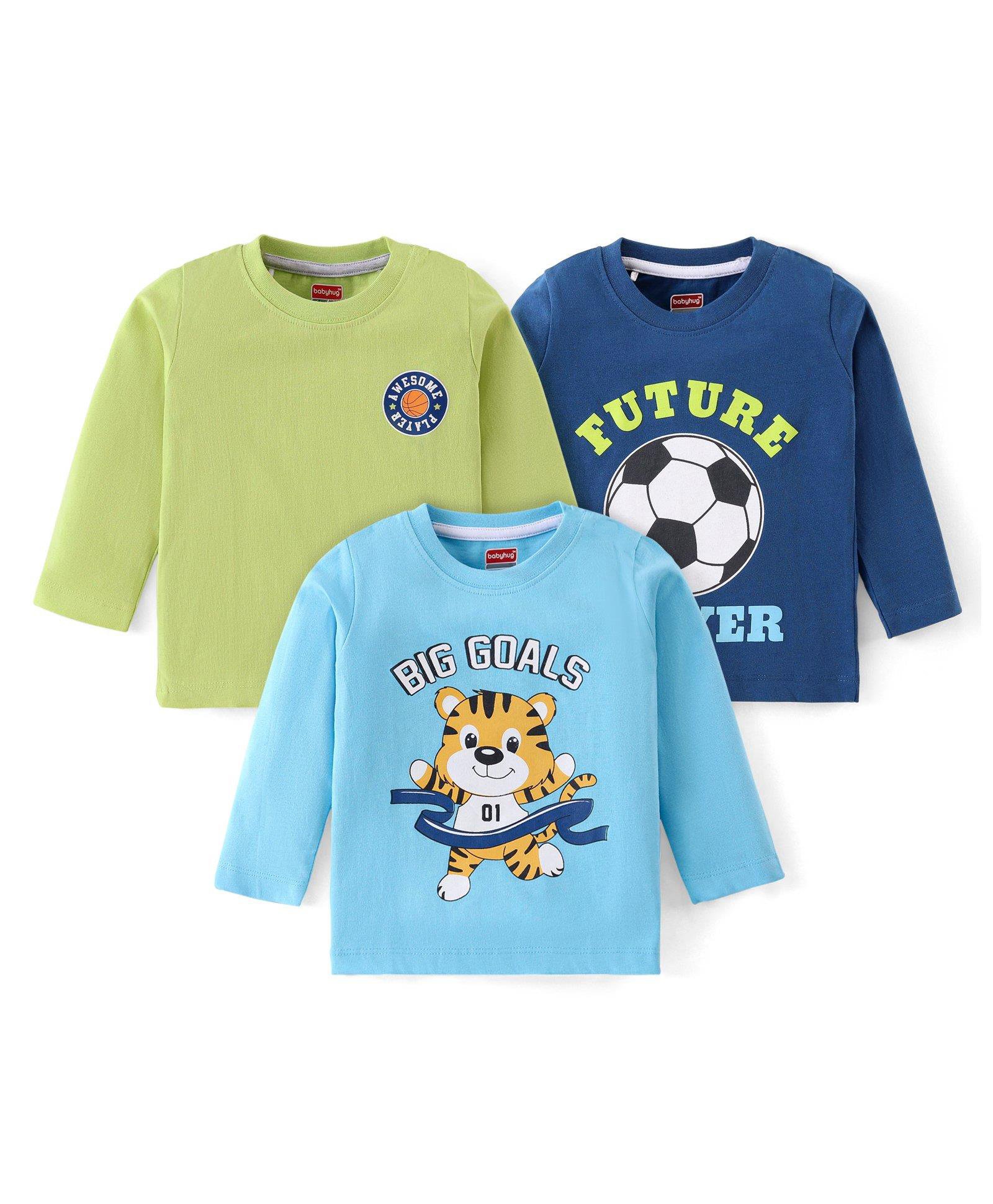 Babyhug Cotton Knit Full Sleeves Football & Tiger Printed T-Shirts Pack Of 3 - Blue Navy & Green-image-15