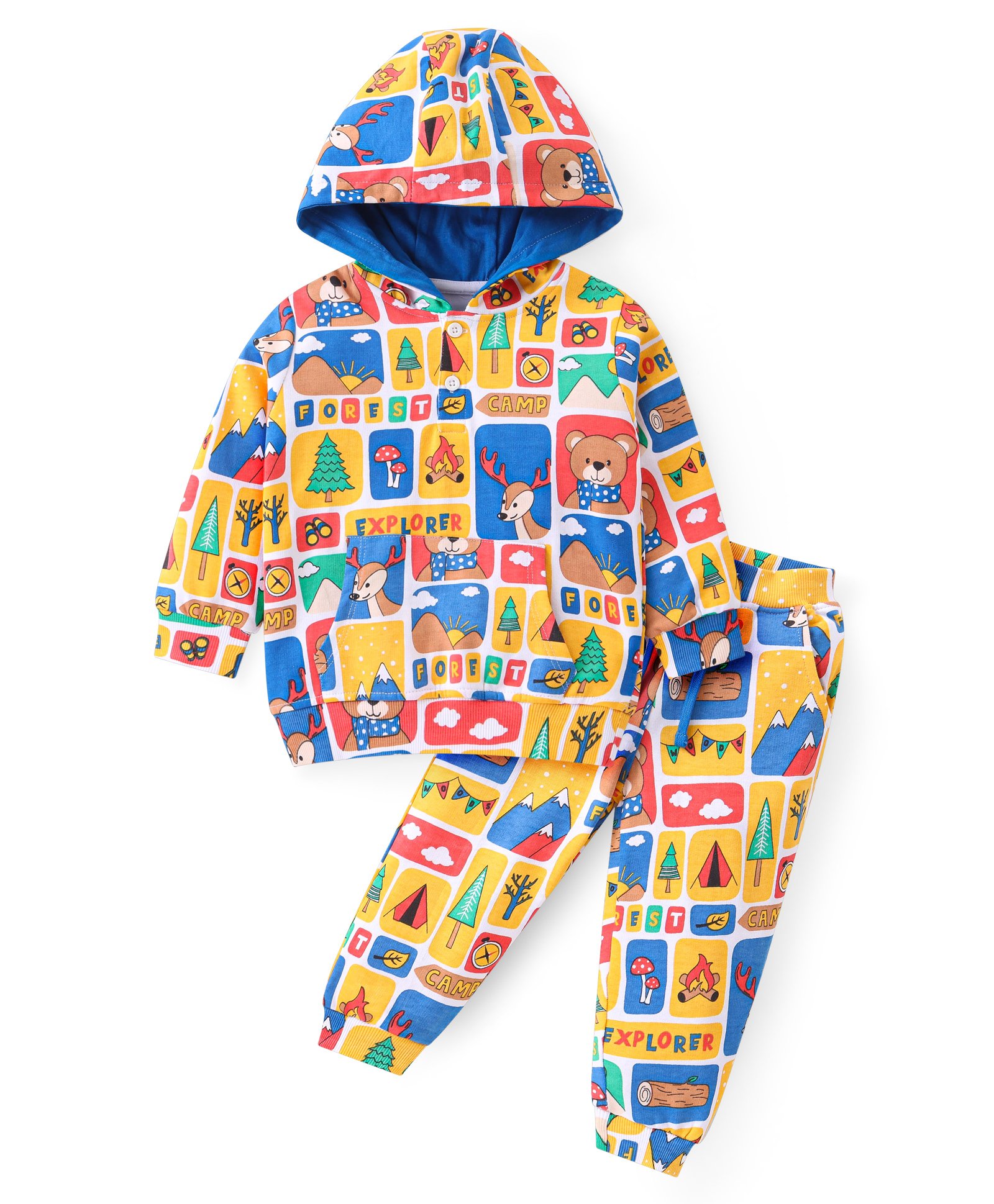 Babyhug Cotton Knit Full Sleeves Hooded T-Shirt & Lounge Pants Co-Ord Set With Animals Print - Mustard & Blue-image-21
