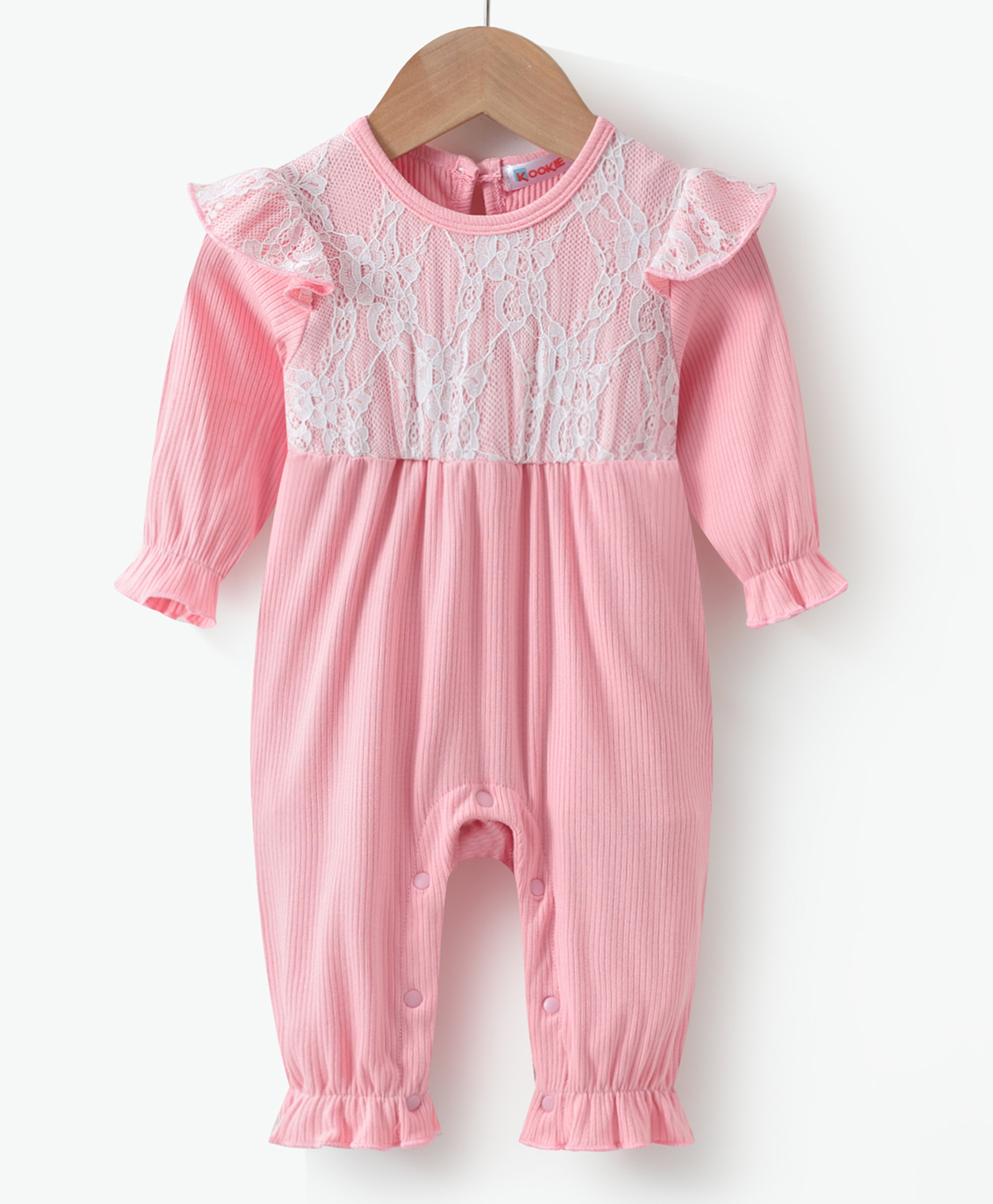 Kookie Kids Full Sleeves Romper with Floral Net Embroidery & Frill Detailing - Pink-picture-17