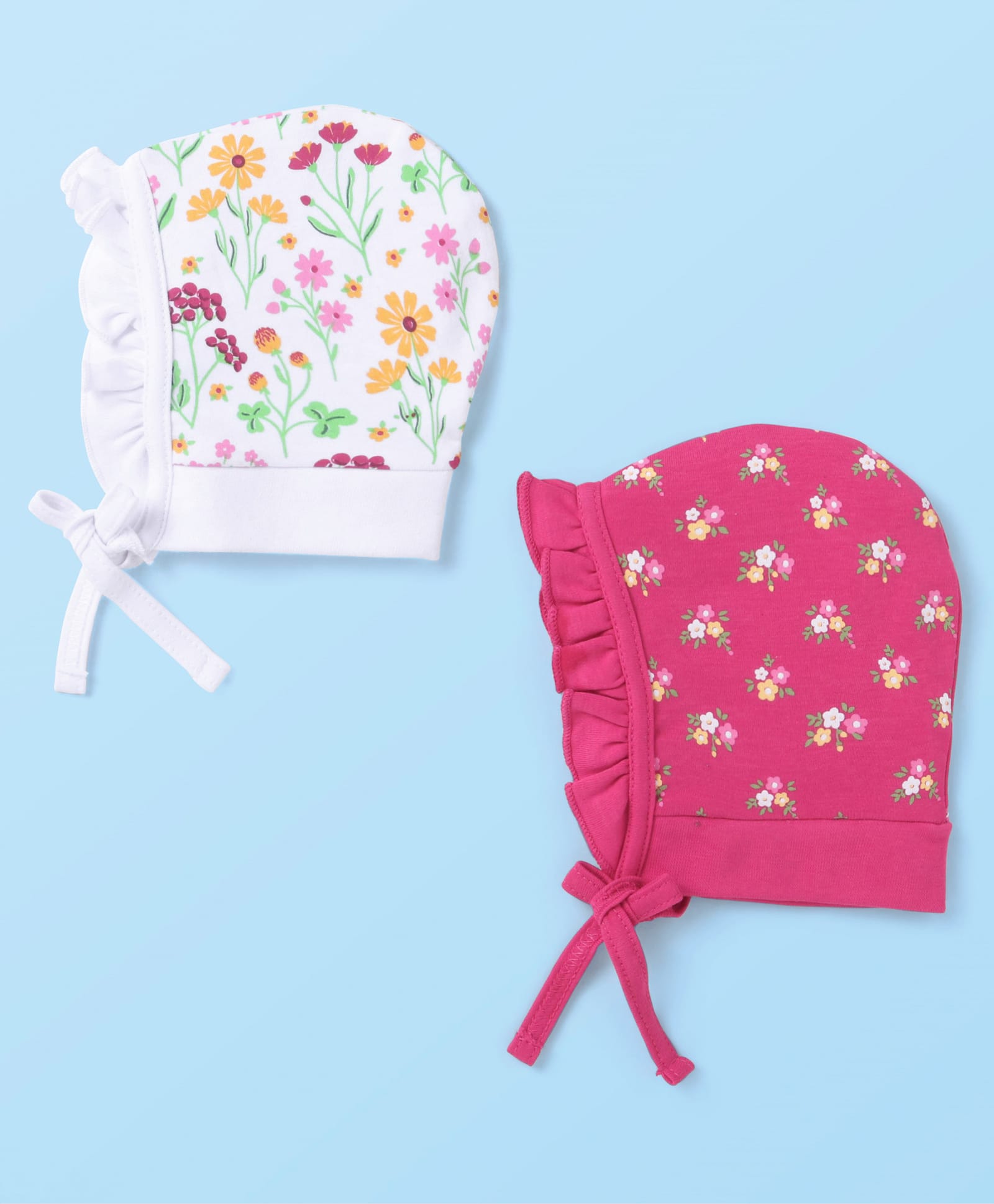 Babyhug Cotton Knit Floral Printed Caps Pack of 2 - Dark Pink and White-image-19