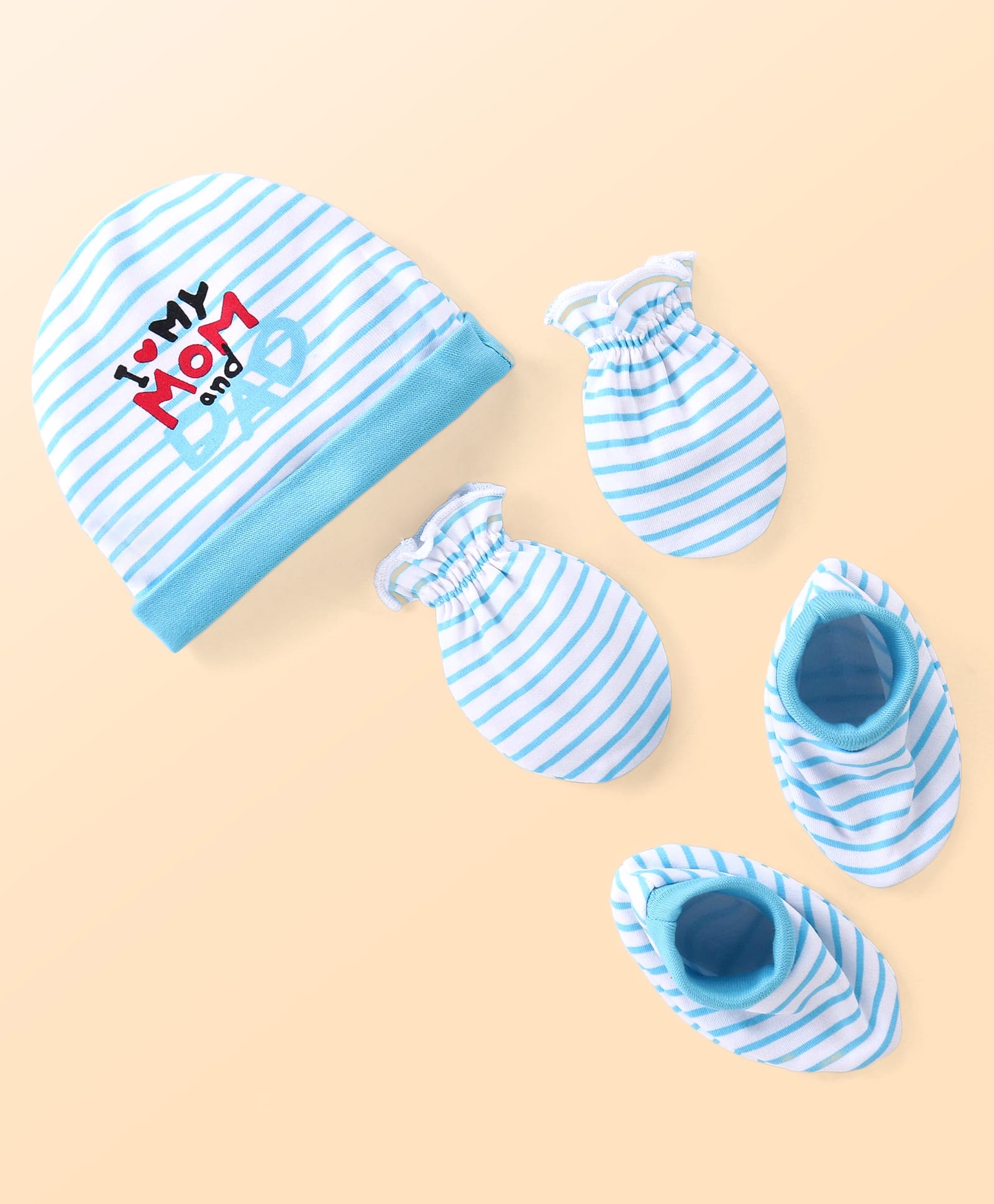 Babyhug 100% Cotton Interlock Knit Cap Mitten & Booties with Text  Print - Sky Blue