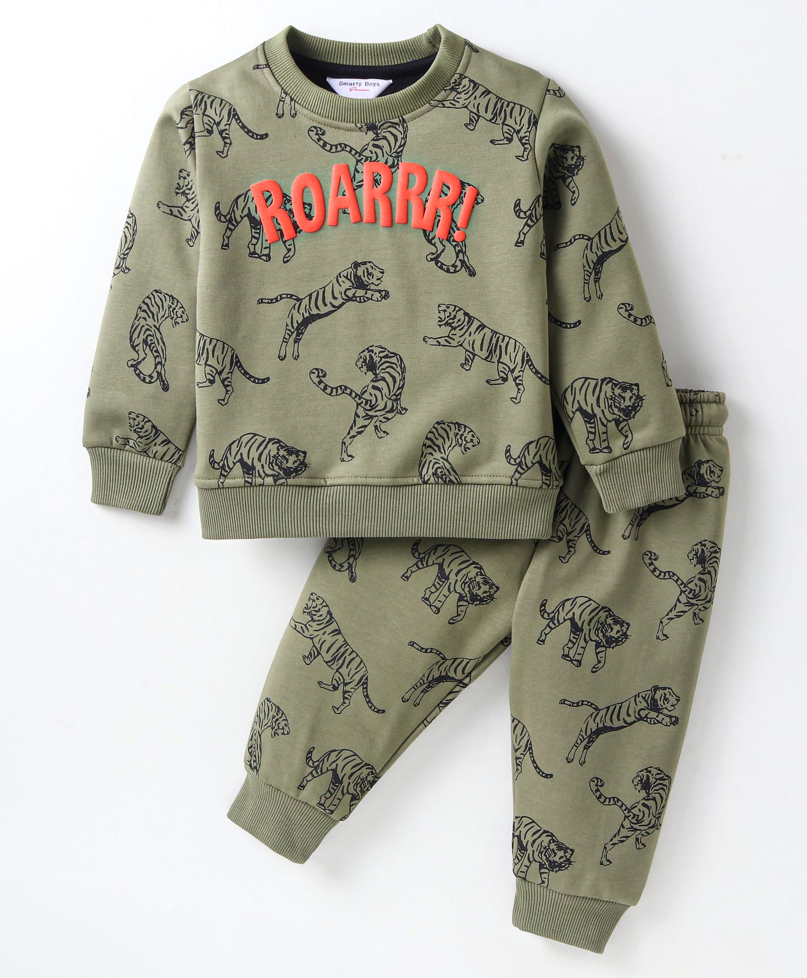 Smarty Boys Premium Stretch Fleece Knit Full Sleeves Winter Wear Co-Ord Night Suit With Tiger Print - Olive Green-image-20