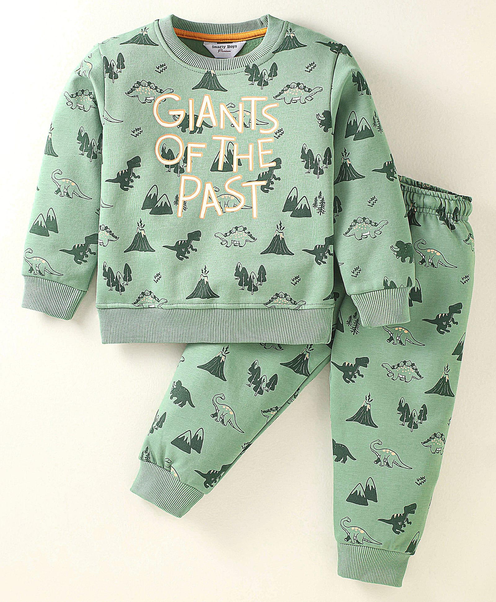 Smarty Boys Premium Stretch Fleece Knit Full Sleeves Winter Wear Co-Ord Night Suit With Dino Print - Mint Green-image-4