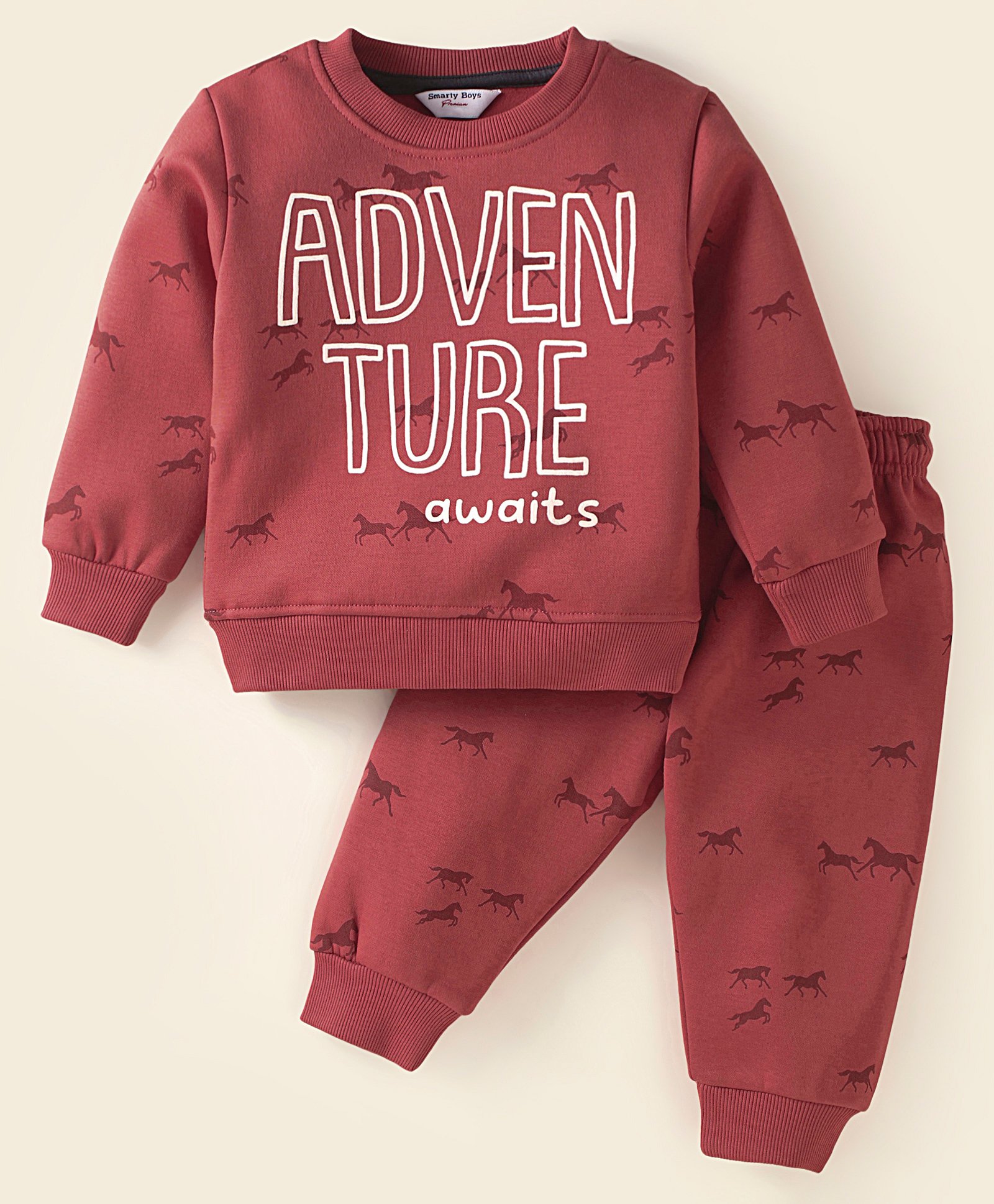 Smarty Boys Fleece Knit Full Sleeves Winter Night Suit with Text Print - Rust Orange-image-26