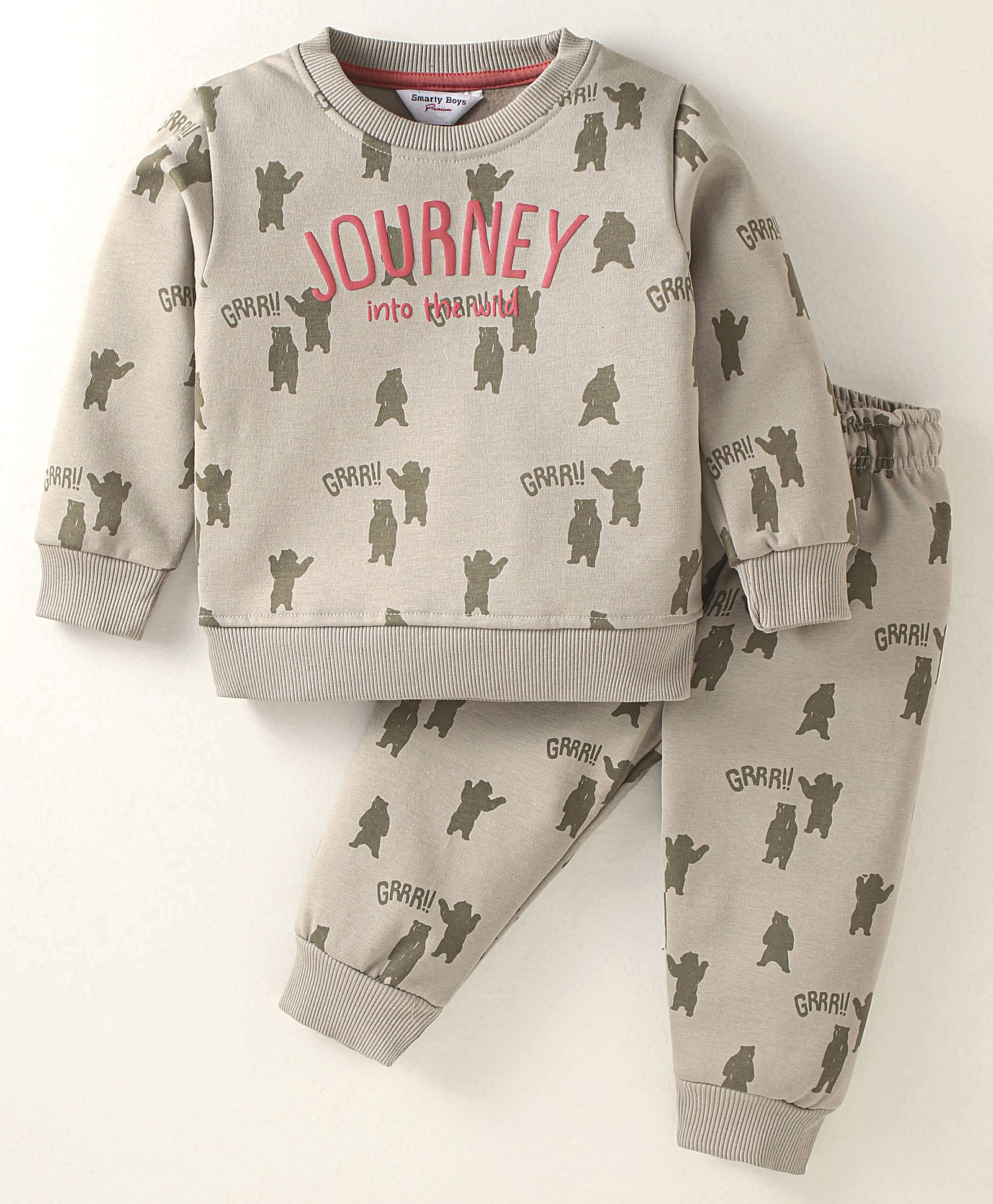 Smarty Boys Premium Stretch Fleece Knit Full Sleeves Winter Wear Co-Ord Night Suit With Bear Print - Tan-image-22