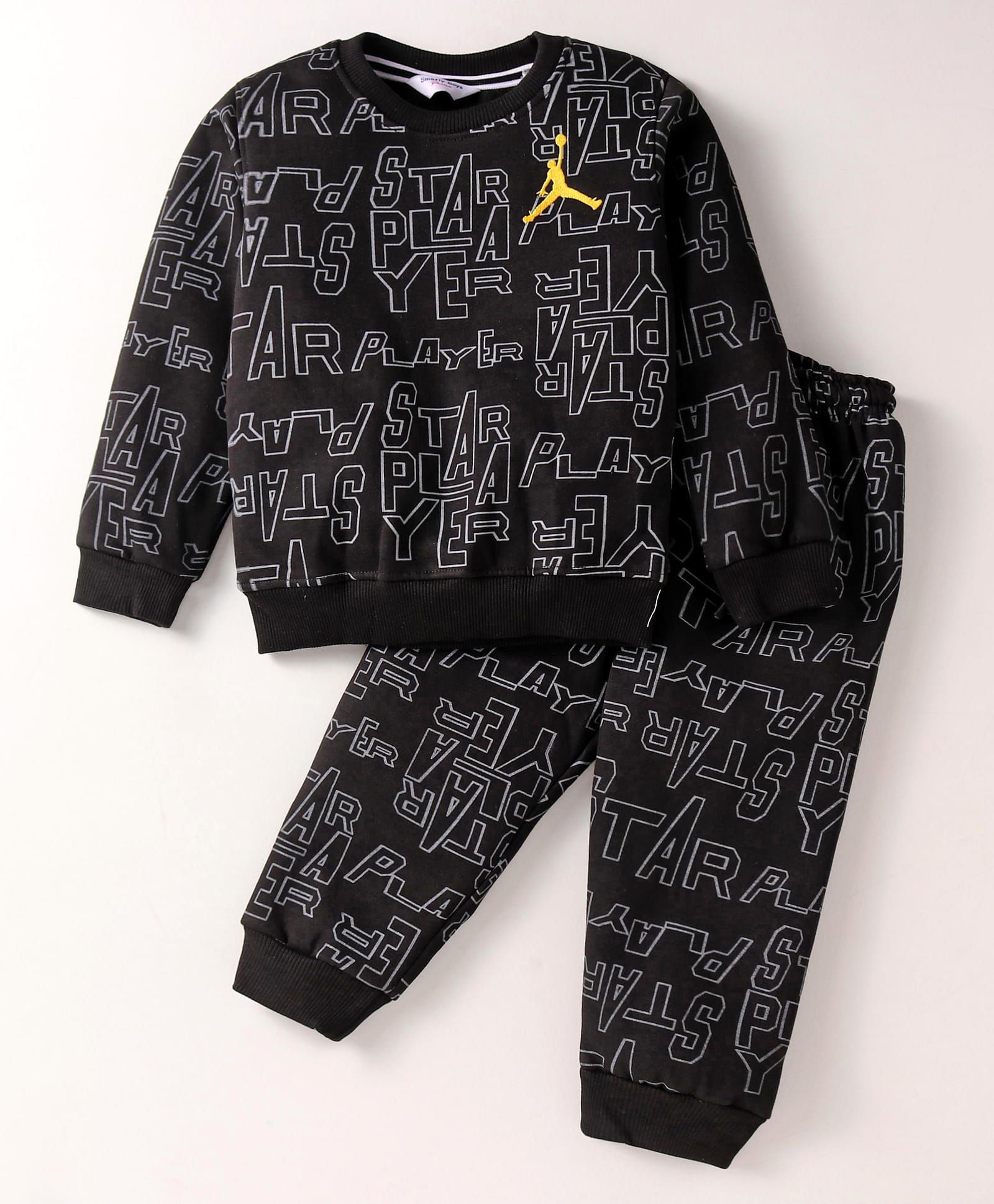 Smarty Boys Stretch Fleece Knit Full Sleeves Text Printed Winter Wear Night Suit with Pockets & Embroidery -Black-image-12