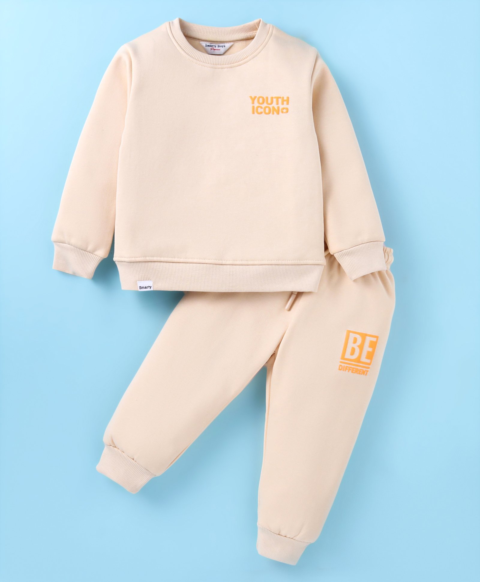 Smarty Boys Premium Stretch Fleece Knit Full Sleeves Winter Wear Co-Ord Set With Front & Back Text Print - Light Peach-picture-25