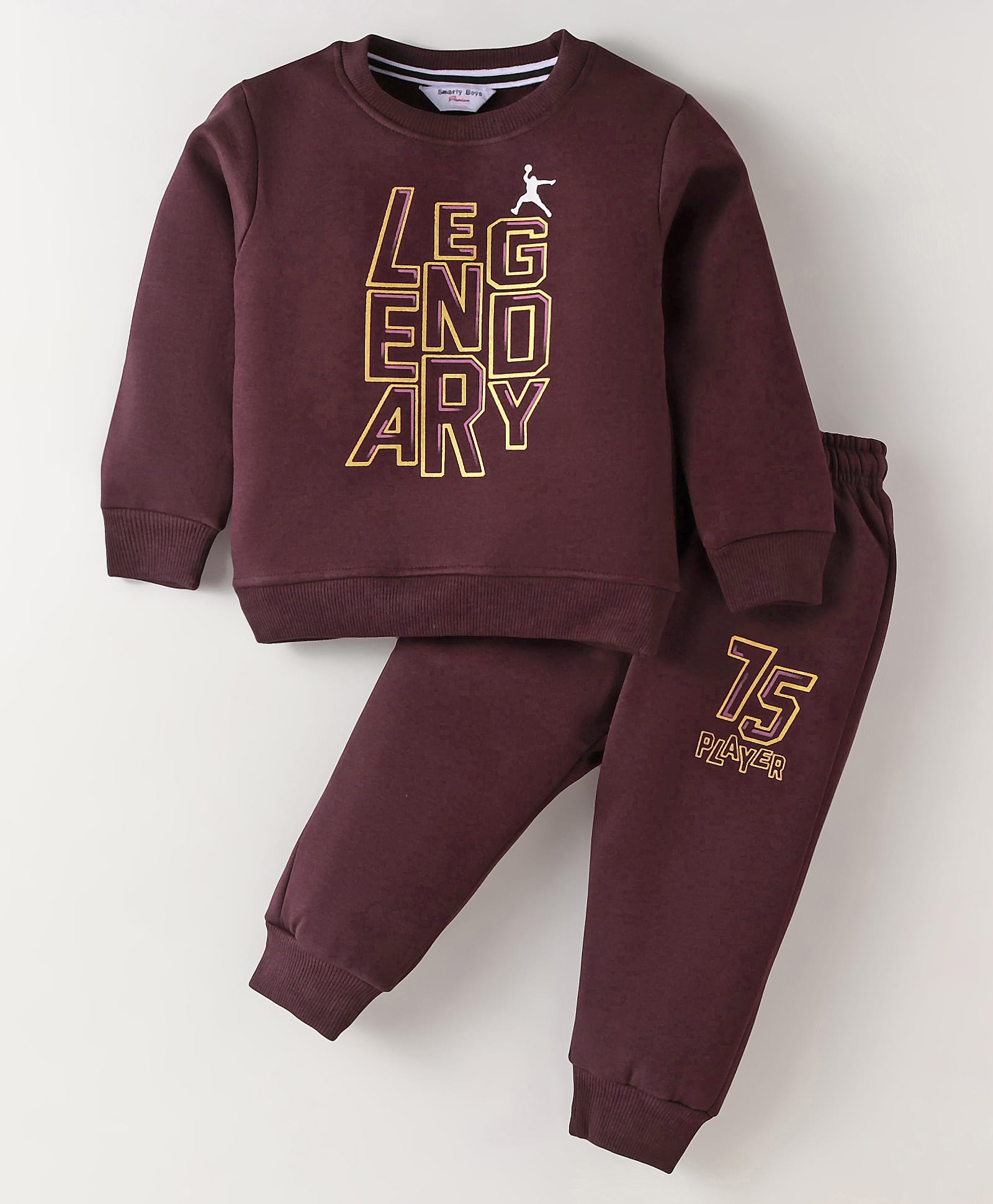 Smarty Boys Premium Stretch Fleece Knit Full Sleeves Winter Wear Text Print T-Shirt & Joggers Co-Ord Set - Wine-image-4
