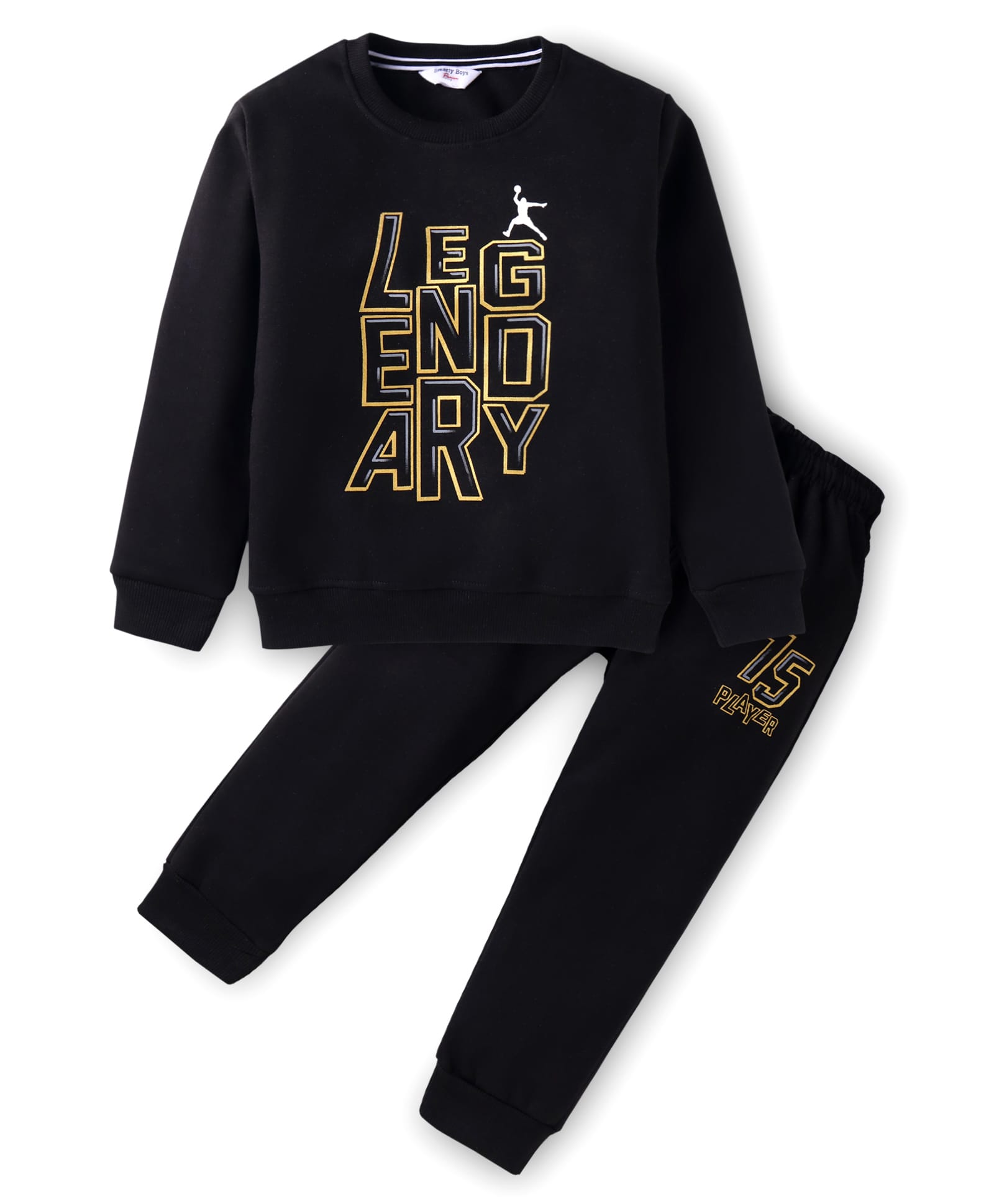 Smarty Boys Premium Stretch Fleece Knit Full Sleeves Winter Wear Text Print T-Shirt & Joggers Co-Ord Set - Black-image-46