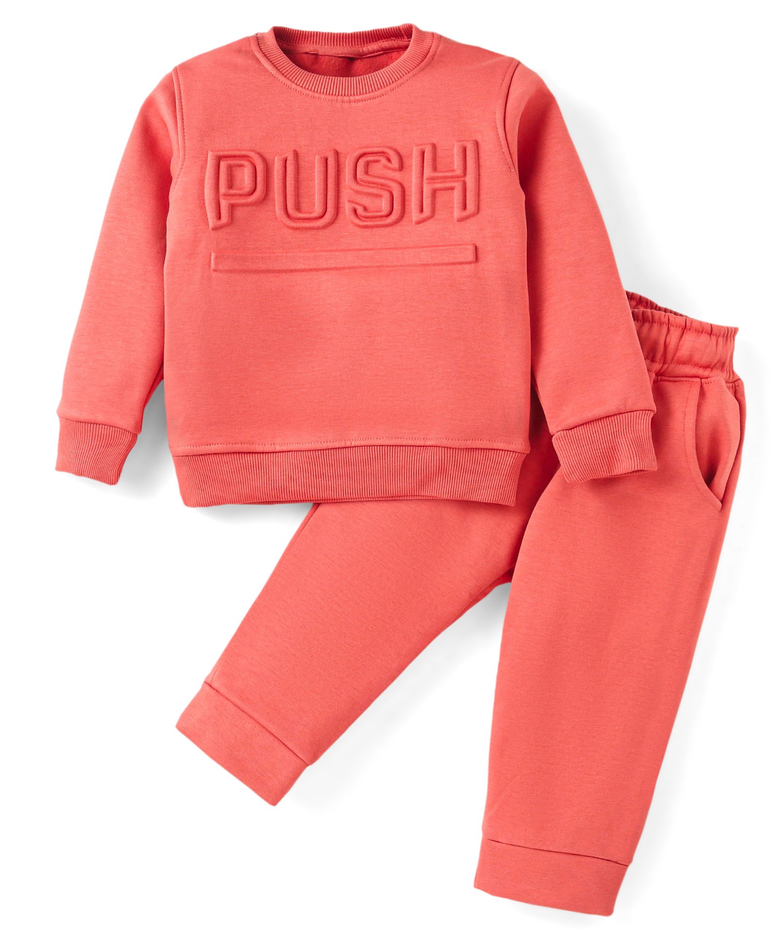 Smarty Boys Premium Stretch Fleece Knit Full Sleeves Winter Wear Co-Ord Set With Embossed Text Print - Coral-picture-18