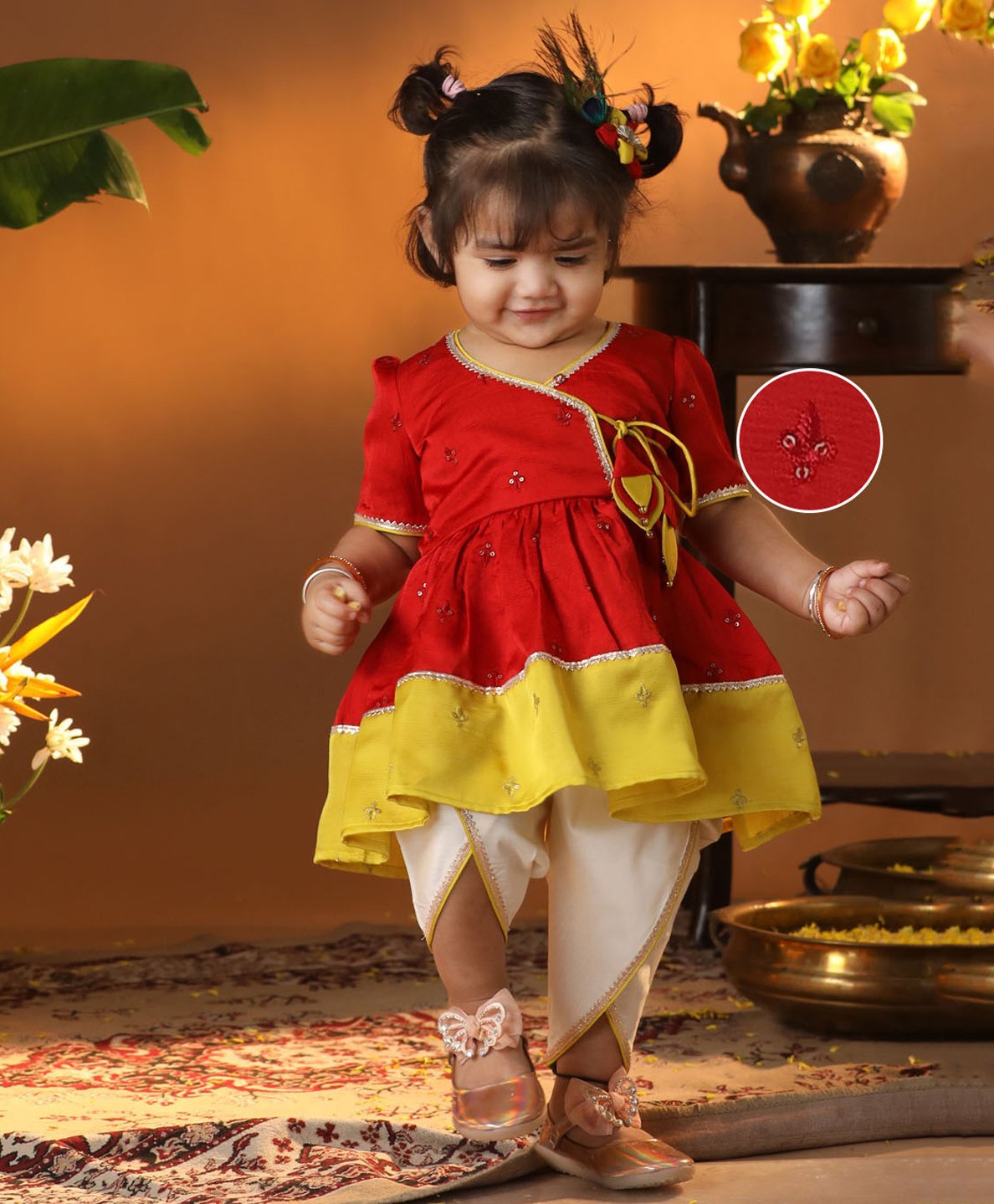 Vastramay Silk Blend Half Sleeves Angrakha Style Embroidered Janmashtami Special Kurta With Dhoti Set - Red-image-2