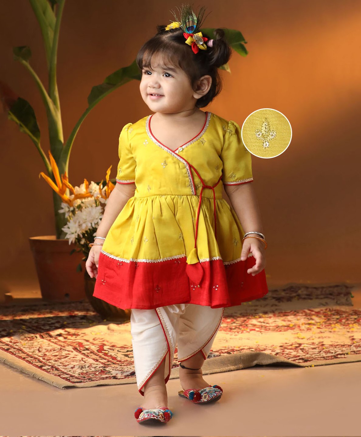Vastramay Silk Blend Half Sleeves Angrakha Style Embroidered Janmashtami Special Kurta With Dhoti Set - Yellow-image-8