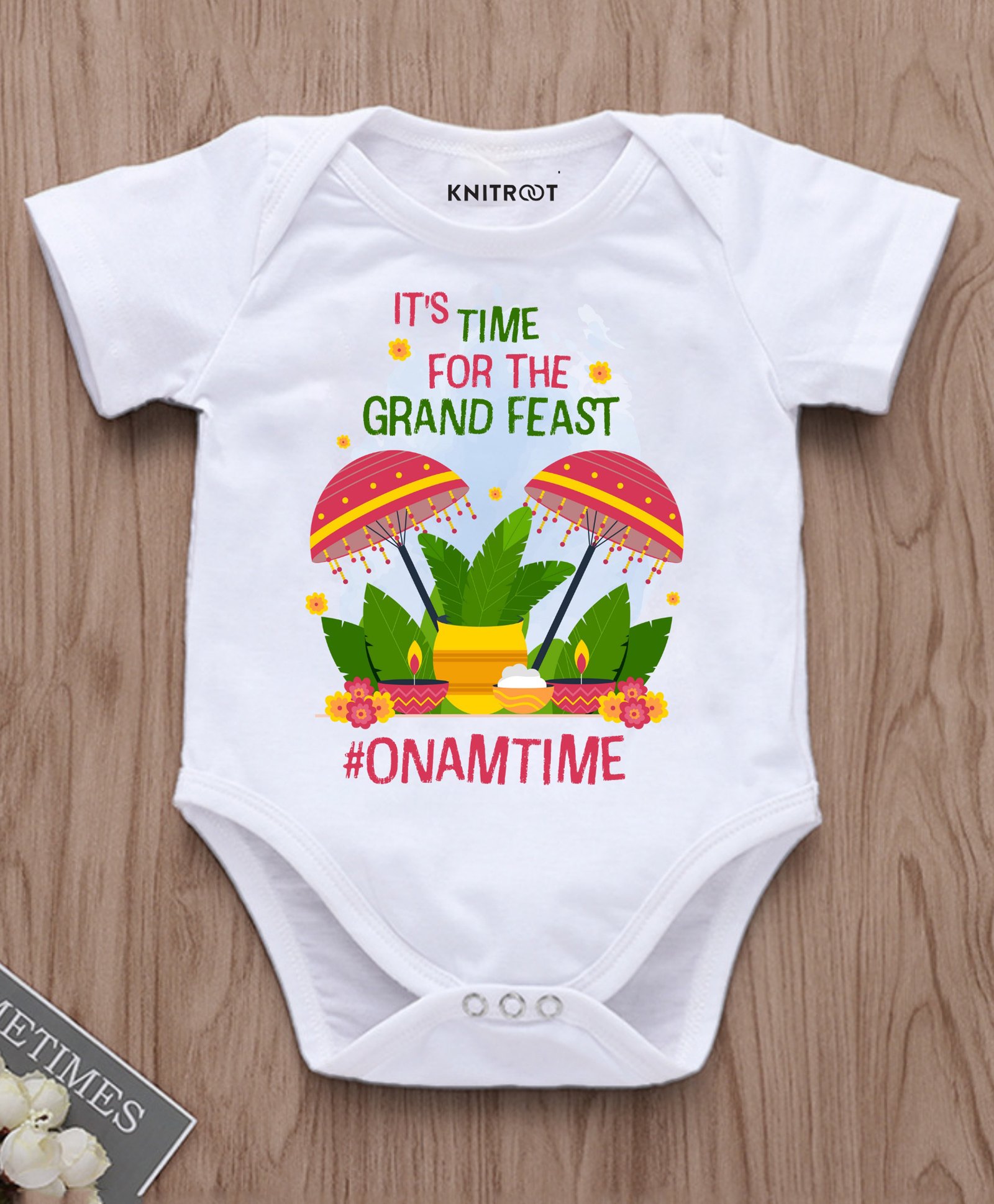KNITROOT Onam Theme Half Sleeves Its Time For The Grand Feast Onam Time Text Printed Onesie - White-picture-29