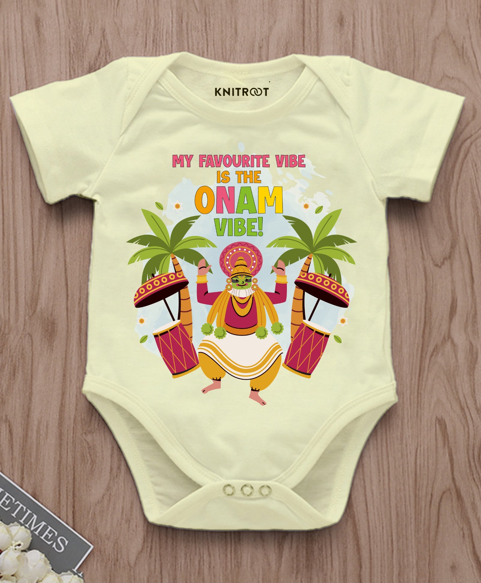 KNITROOT Onam Theme Half Sleeves My Favourite Vibe Is The Onam Vibe Text Printed Onesie - White-image-46