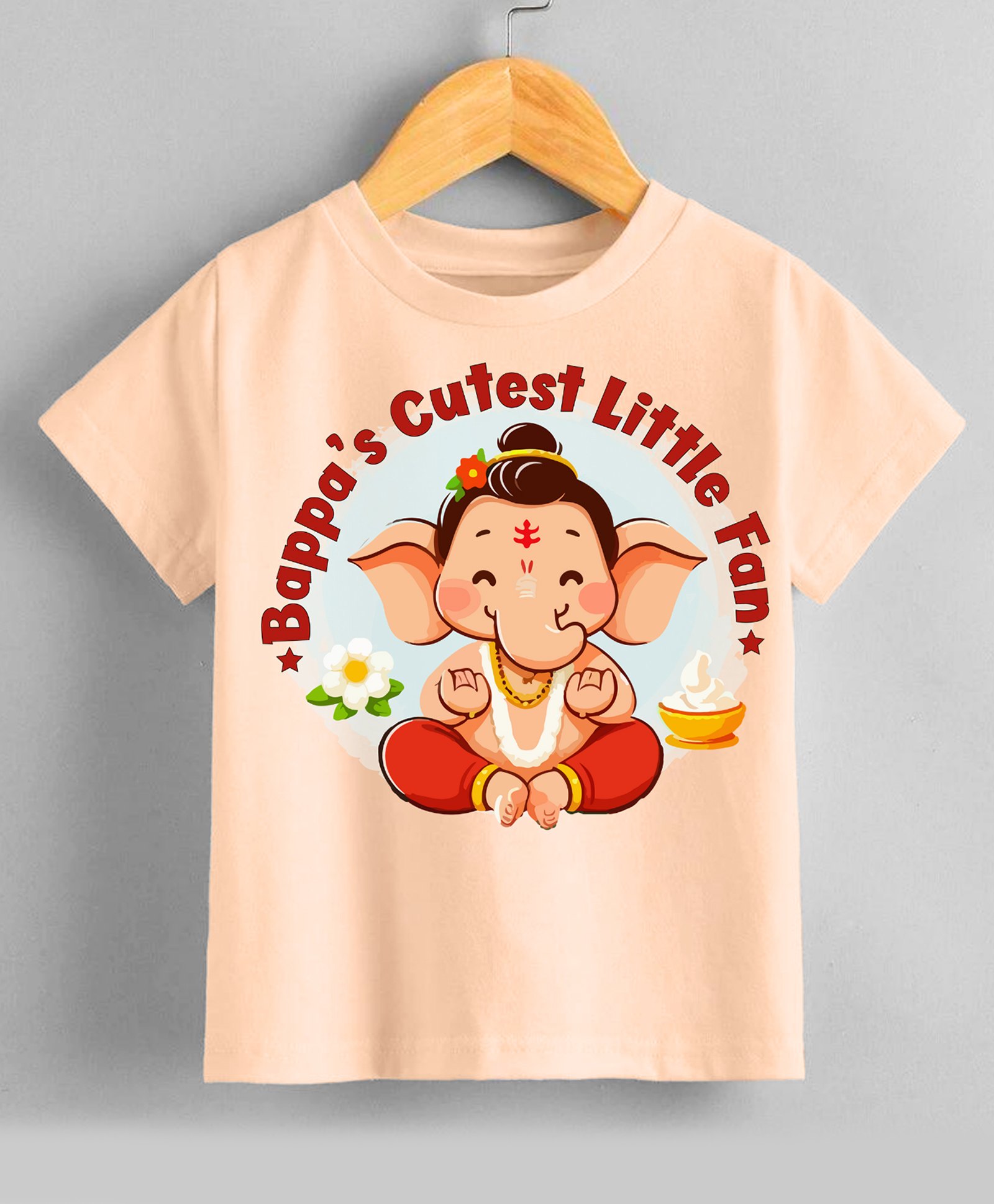 KNITROOT Ganesha Theme Half Sleeves Bappas Cutest Little Fan Text Printed Tshirt - Peach-image-4
