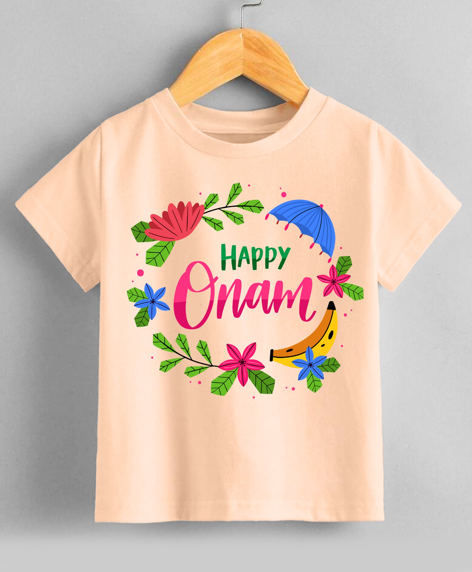 KNITROOT Onam Theme Half Sleeves Happy Onam Text Printed Tee - Peach-picture-15
