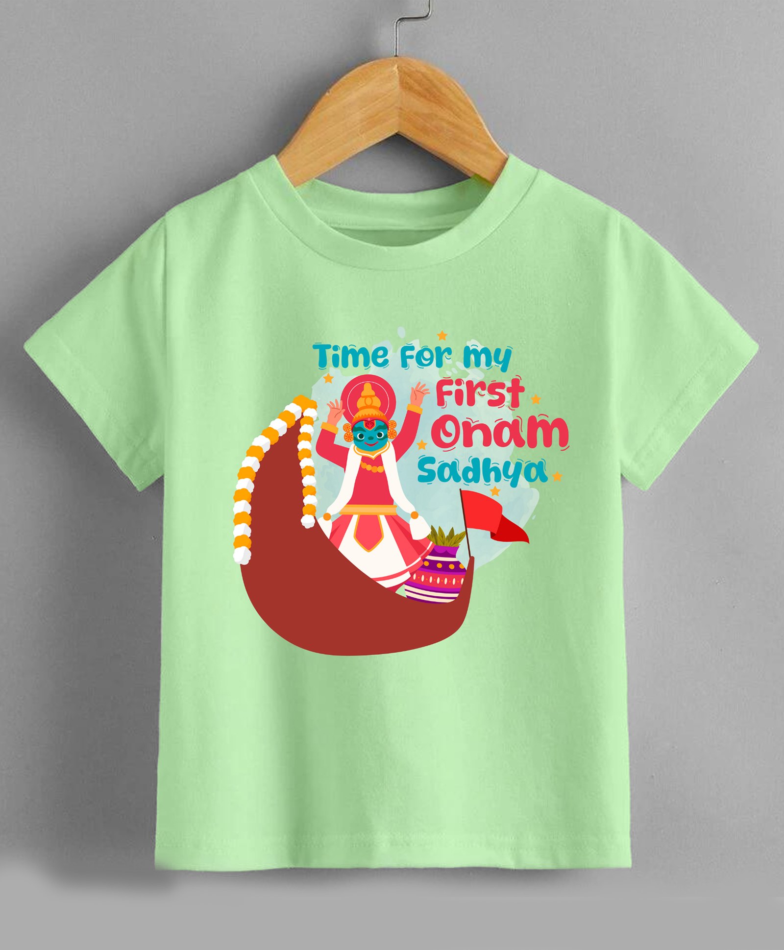 KNITROOT Onam Theme Half Sleeves First Onam Sadhya Text Printed Tee - Green-image-31