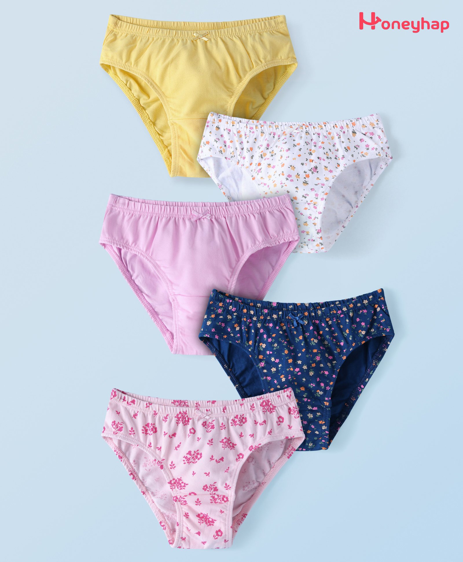 Honeyhap Premium Cotton Elastane Knit with Bio Finish Panties Floral & Polka Dot Print Pack of 5 -Bright White & Cream Puff & Navy Peony & Popcorn & Barely Pink-image-29