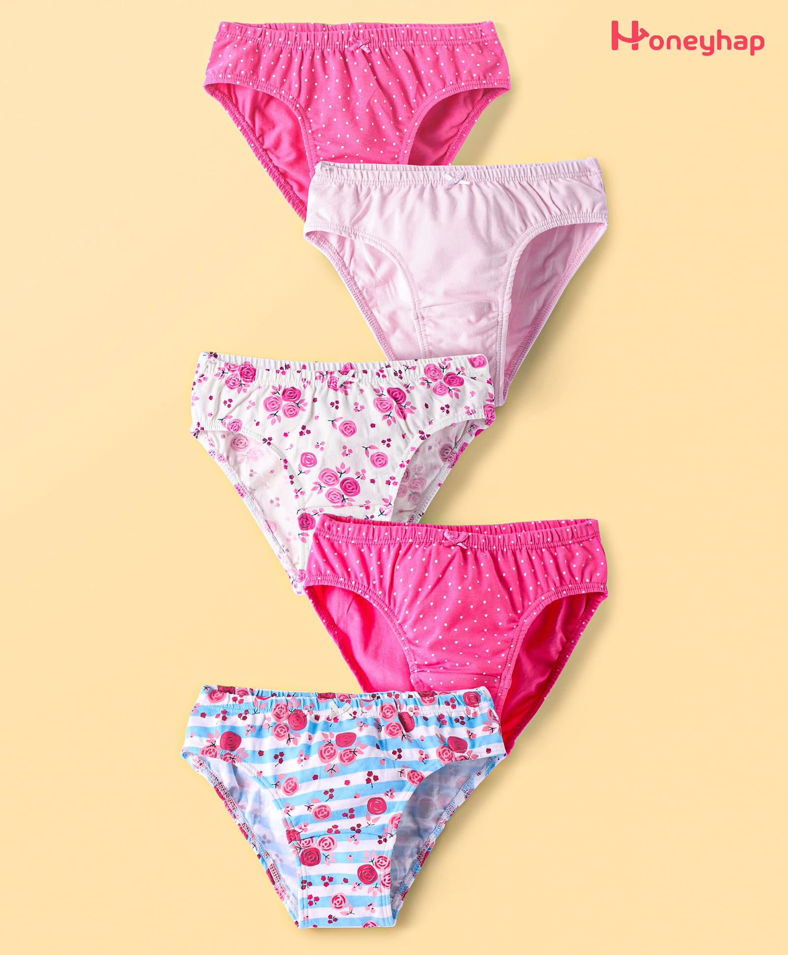 Honeyhap Premium Knit Panties with Polka Dots & Floral Print PAck of 5 - Bright White Sachet Pink & Fandango Pink-image-6
