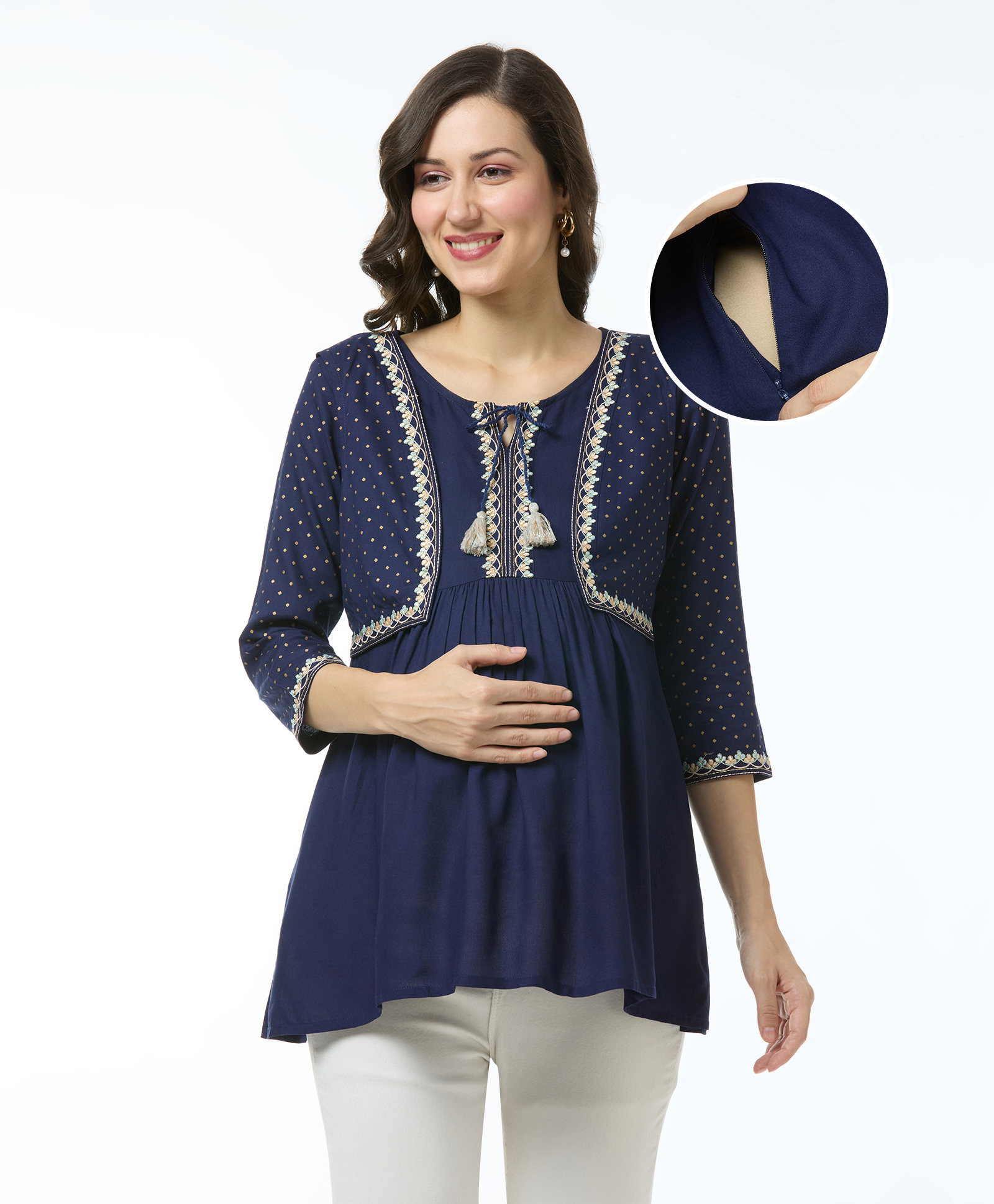 Bella Mama Woven Three Fourth Sleeves Embroidered Maternity Top with Jacket & Pocket - Navy Blue