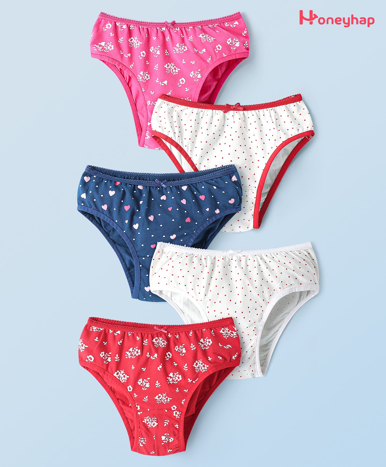 Honeyhap Premium Knit Panties With Floral & Heart Print Pack of 5 - Fandango Pink Navy Peony White & High Risk Red-image-18