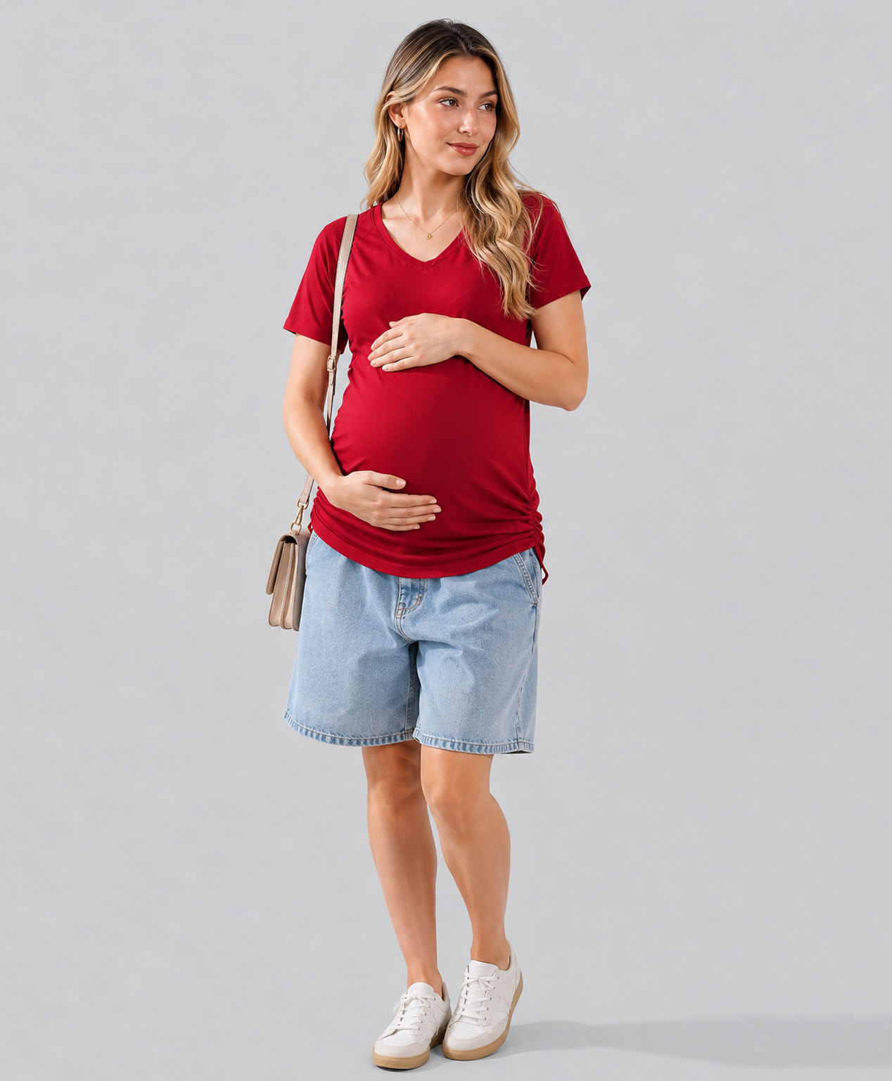 TUMMY Half Sleeves Solid Maternity Tee - Red-picture-22