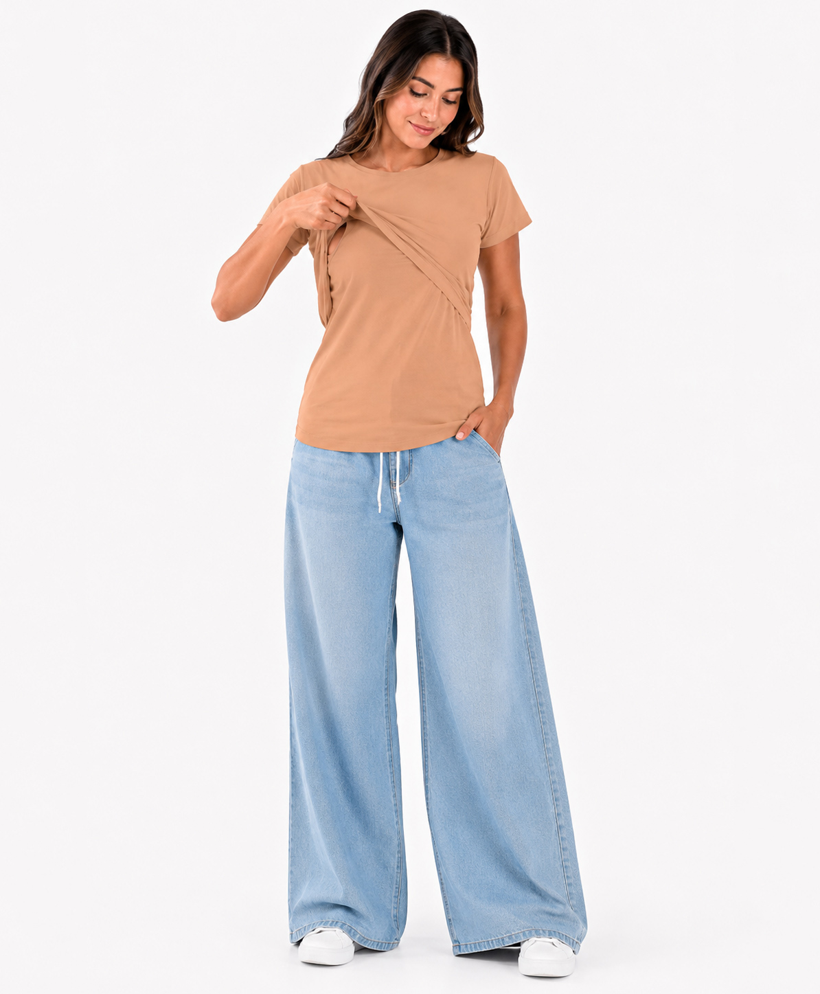 TUMMY Half Sleeves Solid Maternity Nursing Pull On Top With Nursing Access - Beige-picture-26