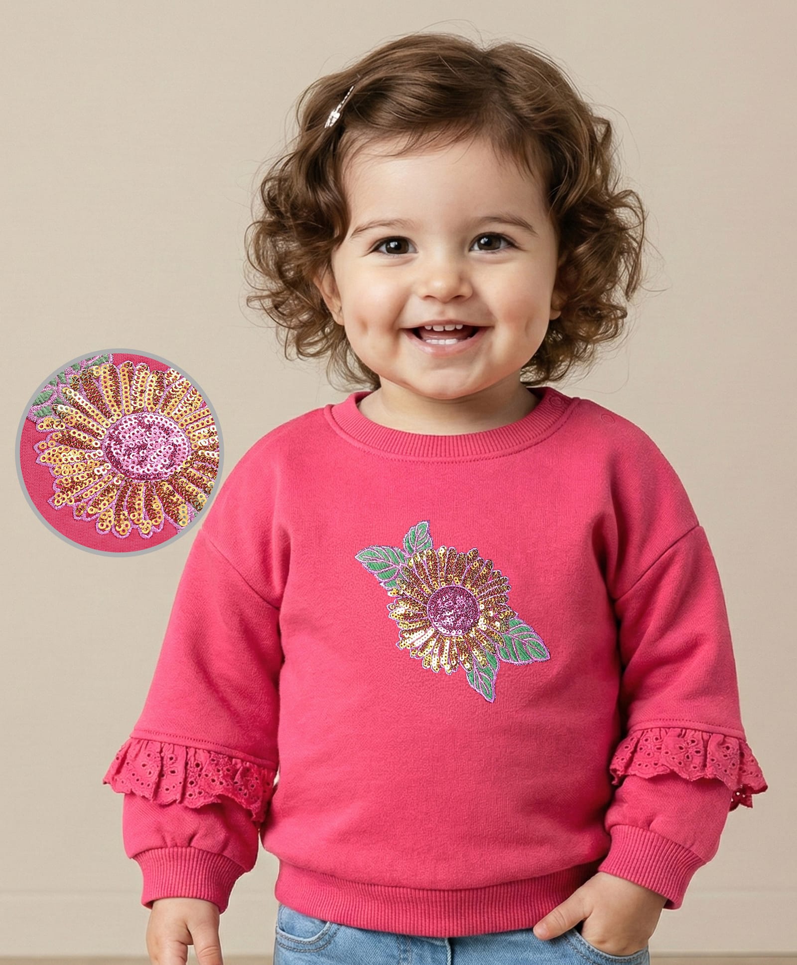 Babyoye Cotton Knit Full Sleeves Sweatshirt With Sequinned Floral Design - Dark Pink-image-43