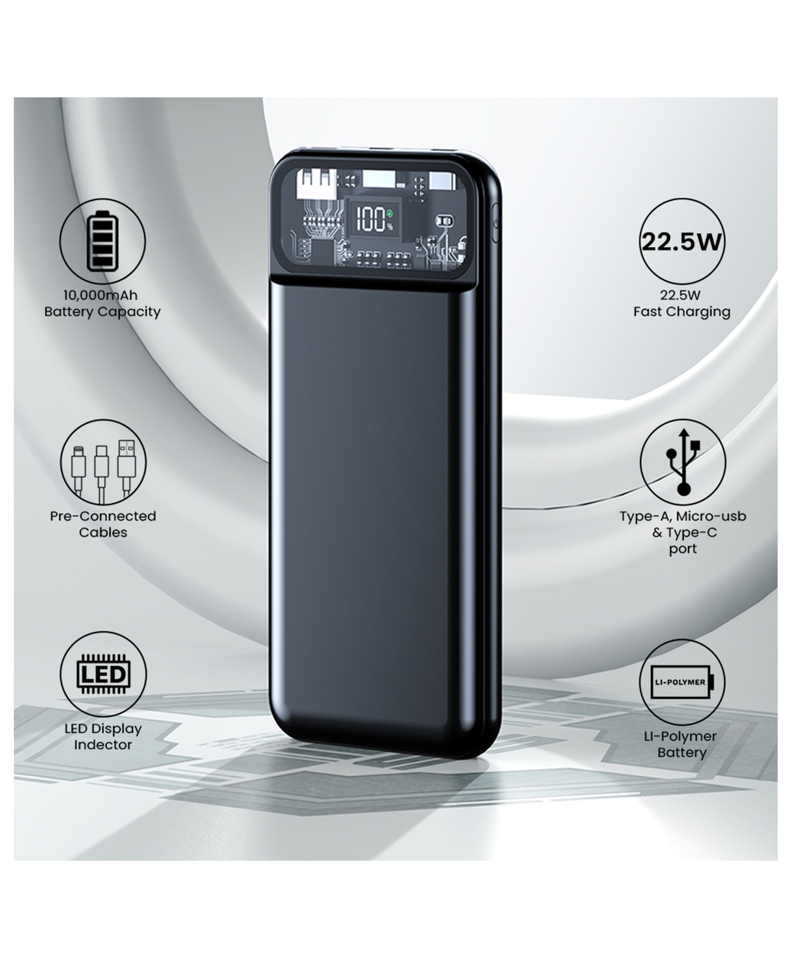 I KALL IKPB10 22.5W Fast Charging 10000 mAh Power Bank with Built-in 3-in-1 Cable, 4 Output Port, 3 Input Port and Digital Display (Black)-picture-27