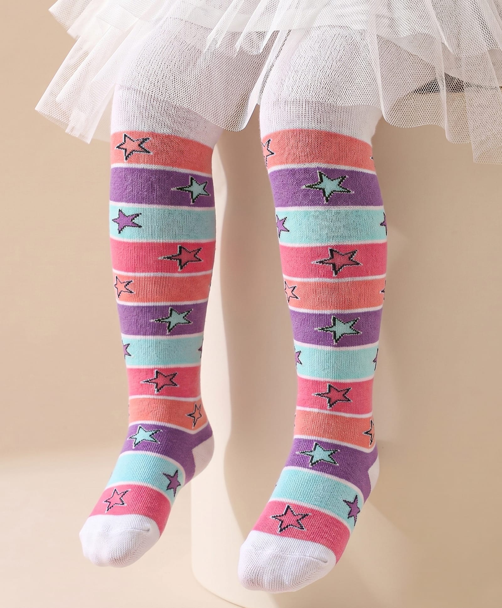 Cute Walk by Babyhug Knit Antibacterial Footed Tights Star & Stripes Design - White-image-27