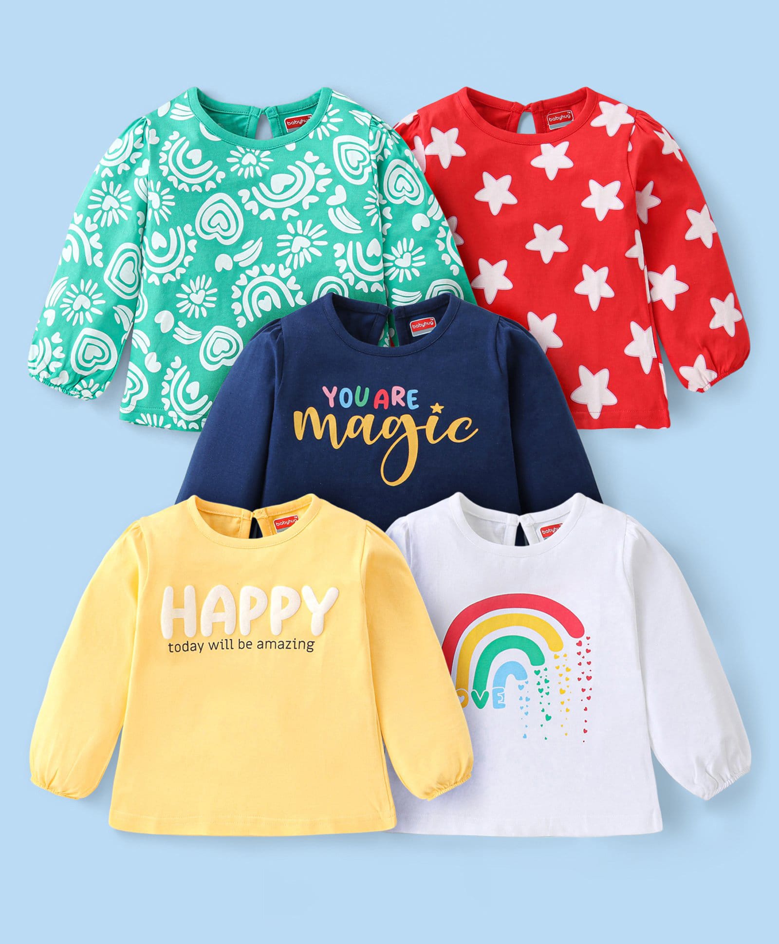 Babyhug Cotton Knit Full Sleeves Printed Tops Pack of 5 - Red Yellow & Blue-image-24