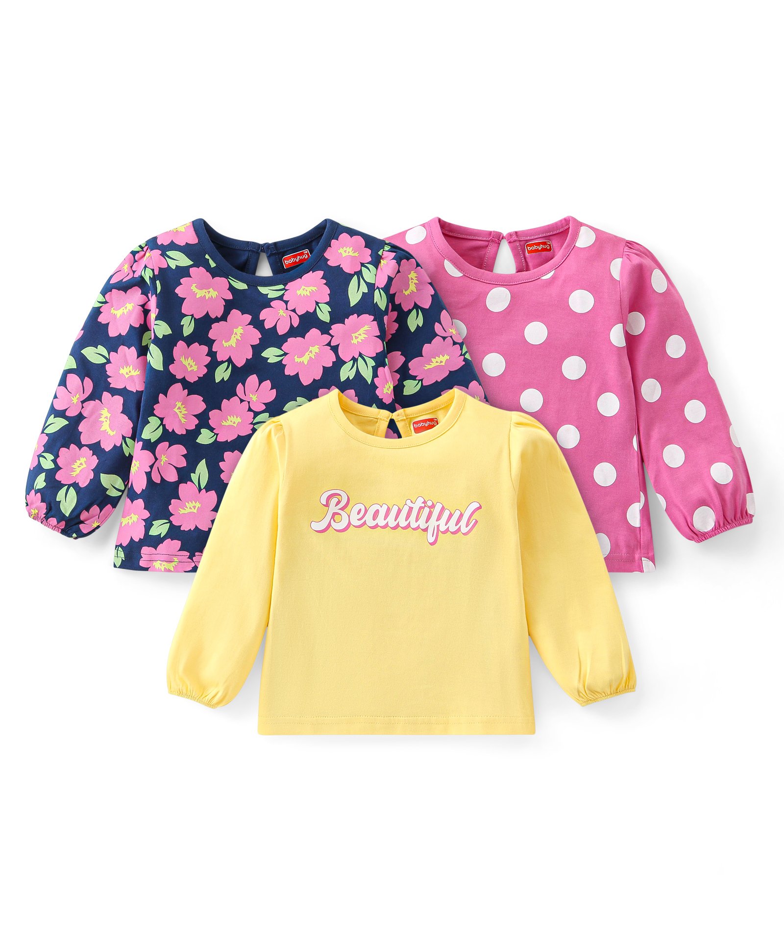 Babyhug Cotton Knit Full Sleeves Top with Floral & Polka Dots Print Pack of 3 - Navy Pink & Yellow-picture-22