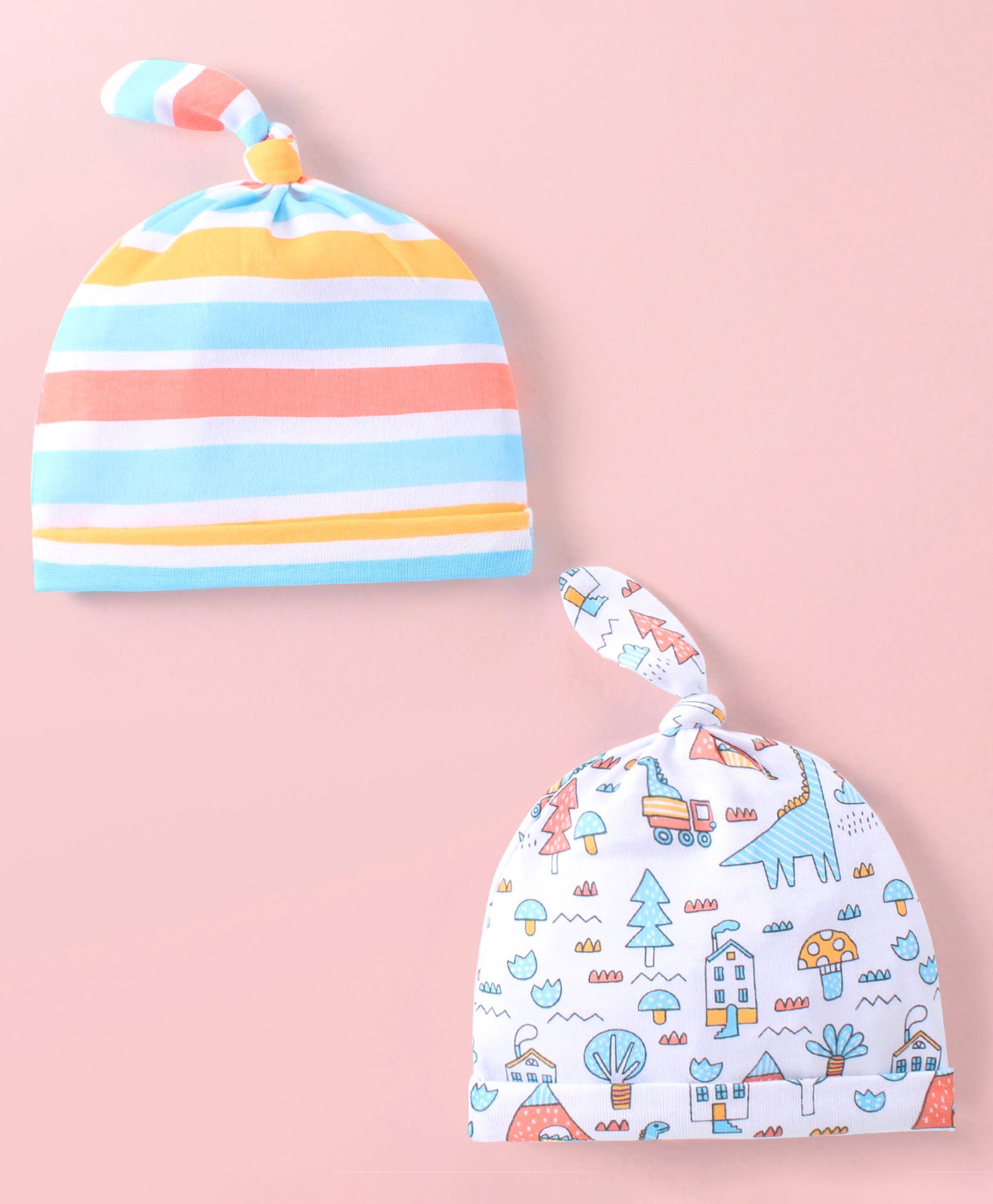 Babyhug 100% Cotton Interlock Knit Striped & Printed Caps with Knot Detailing - Pack of 2 - White & Blue-picture-17