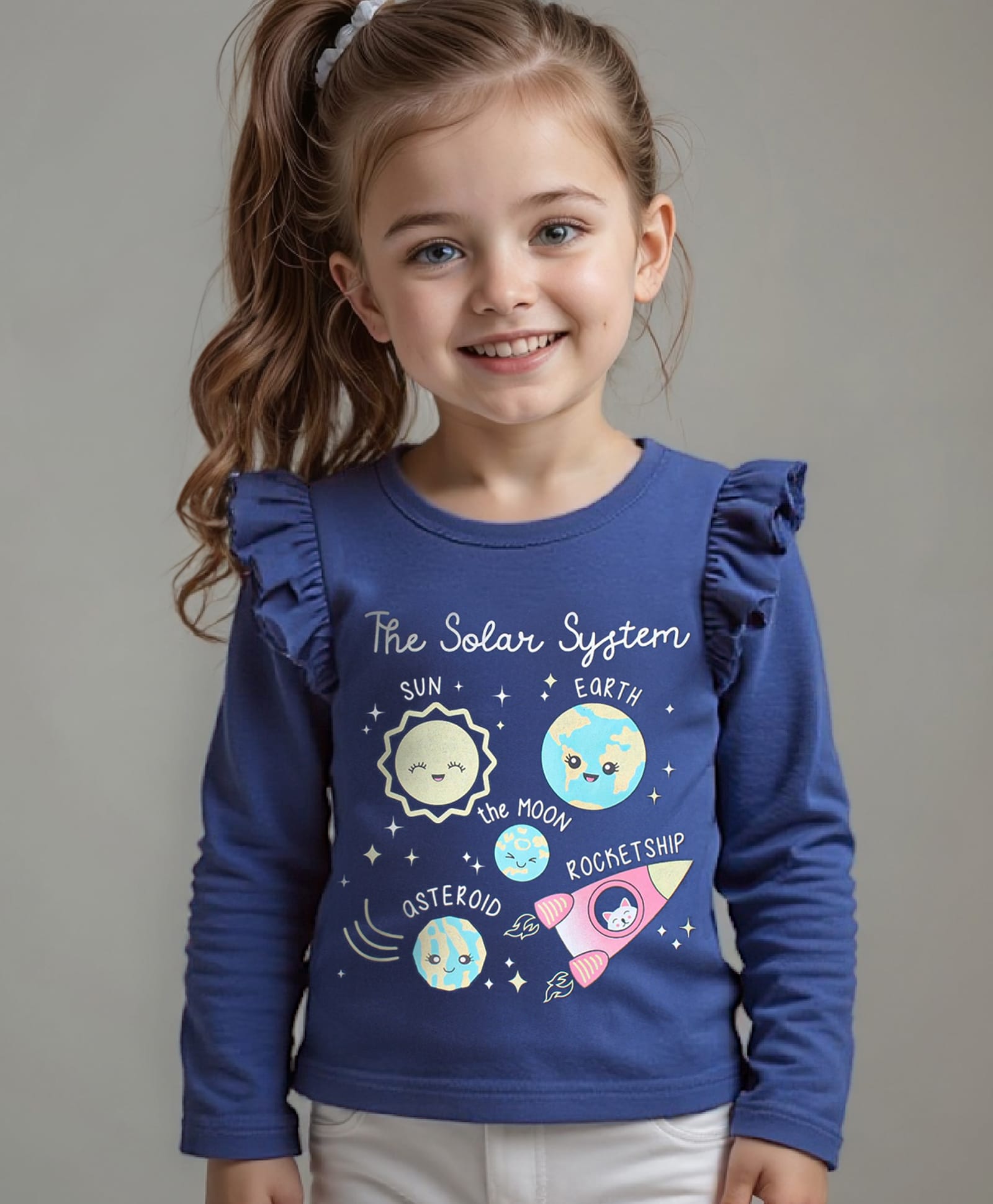 Babyhug Cotton Knit Full Sleeves Top with Frill Detailing & Space Theme Print - Blue-picture-25